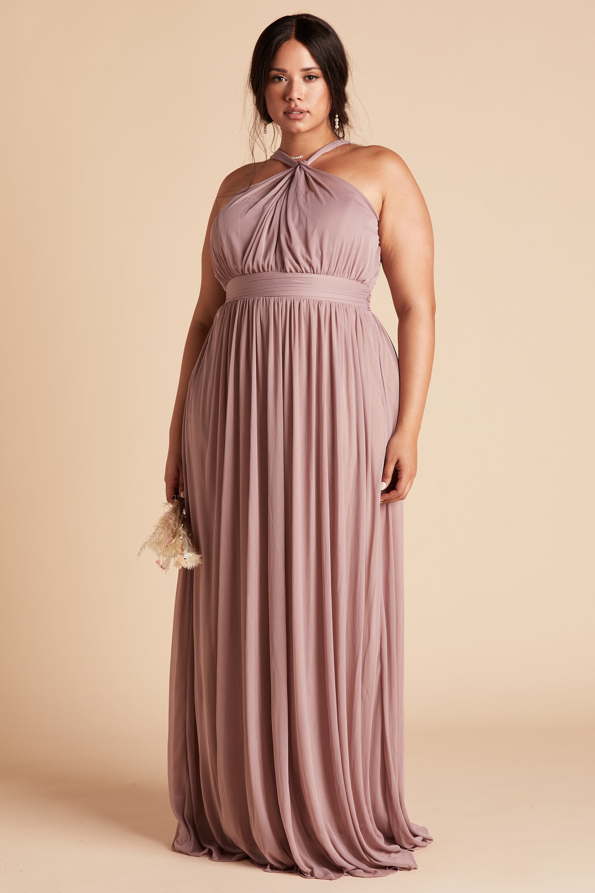 Kiko plus size bridesmaid dress in mauve pink chiffon by Birdy Grey, front view