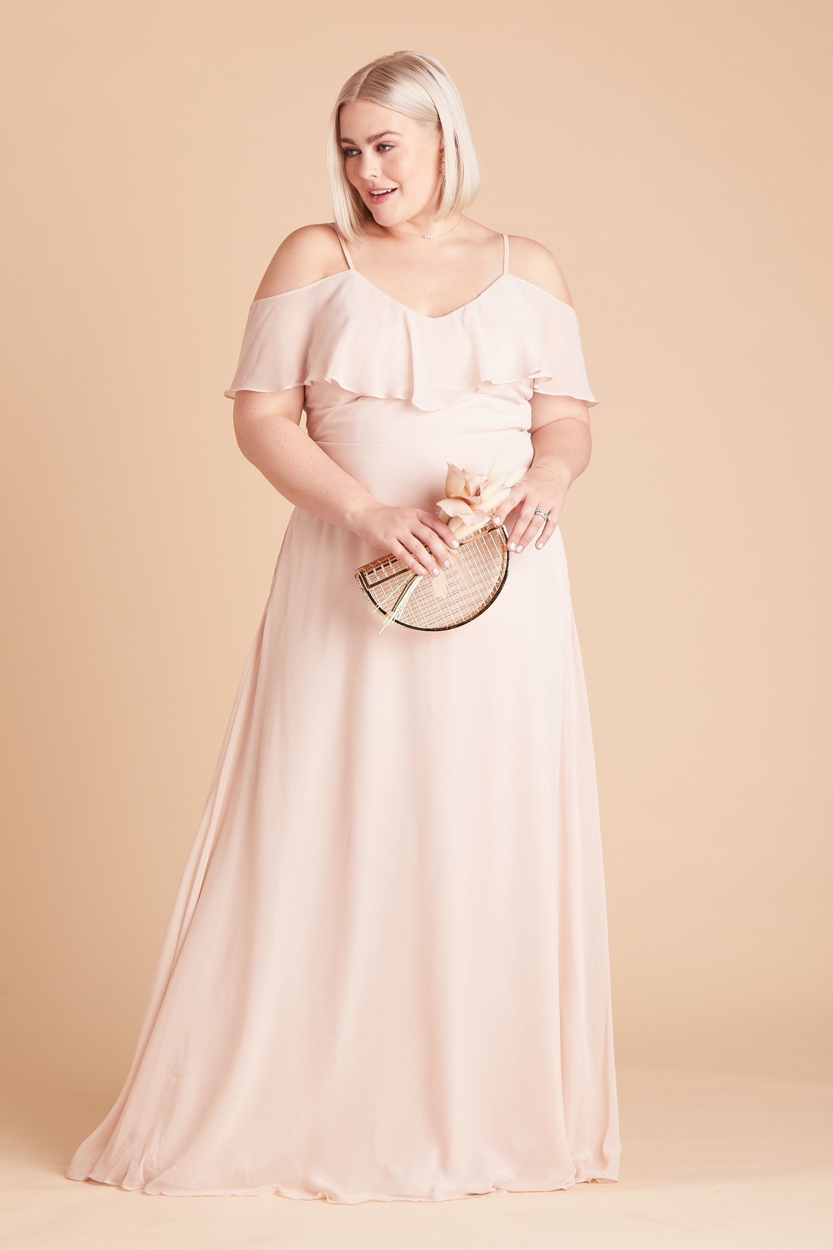 Jane convertible plus size bridesmaid dress in pale blush chiffon by Birdy Grey, front view