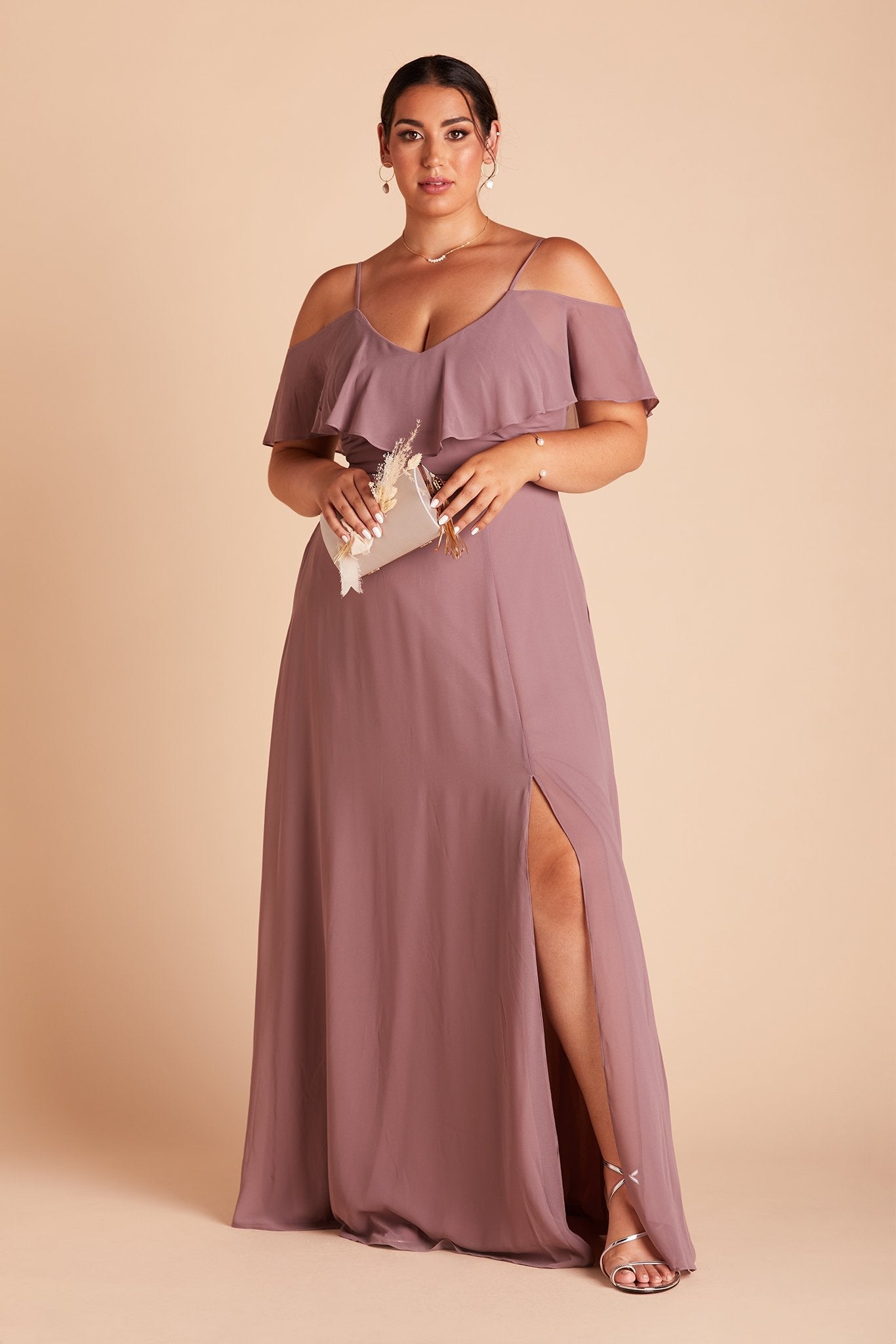 Jane convertible plus size bridesmaid dress with slit in dark mauve chiffon by Birdy Grey, front view