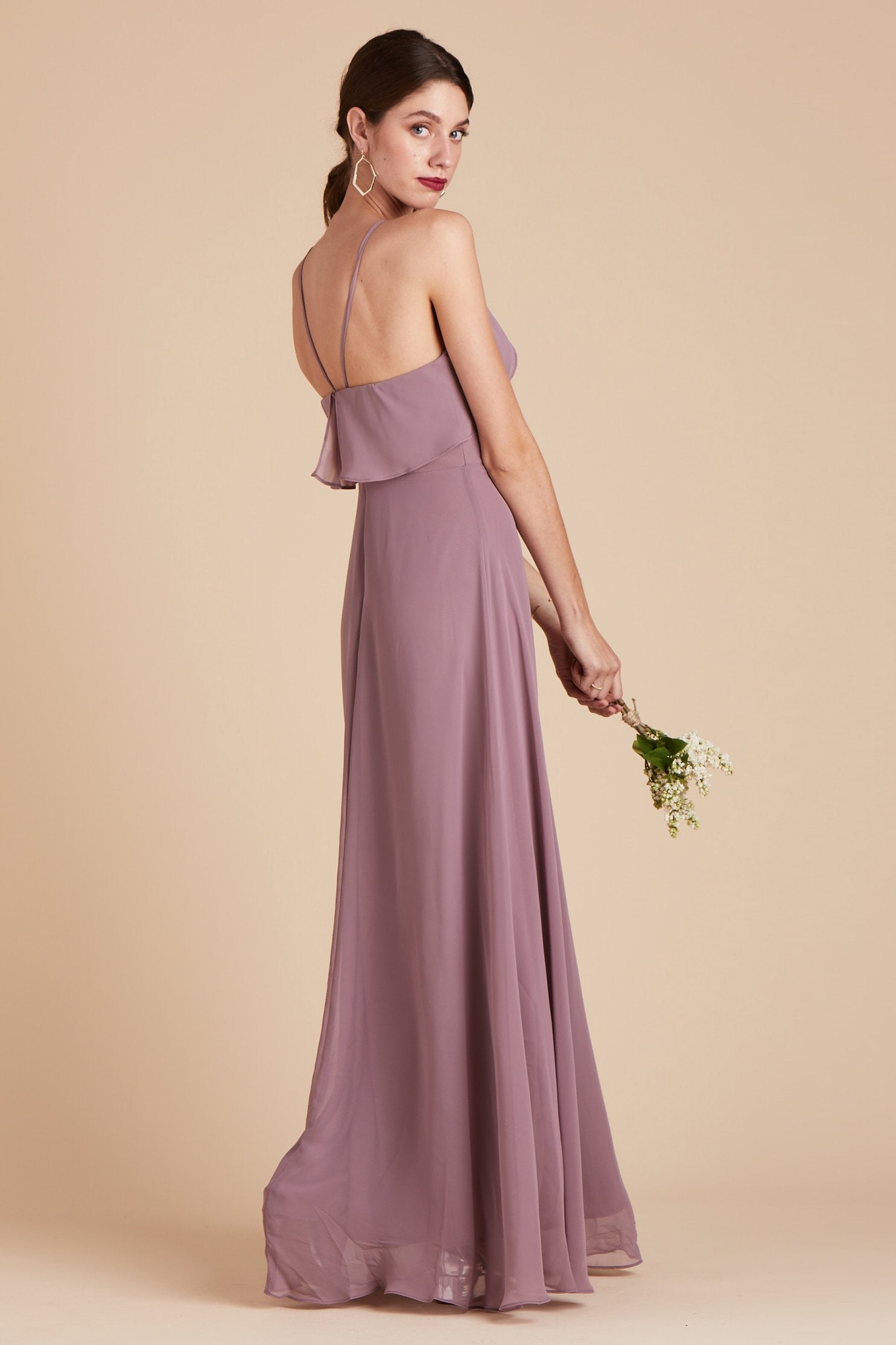 Jules bridesmaid dress in dark mauve chiffon by Birdy Grey, side view