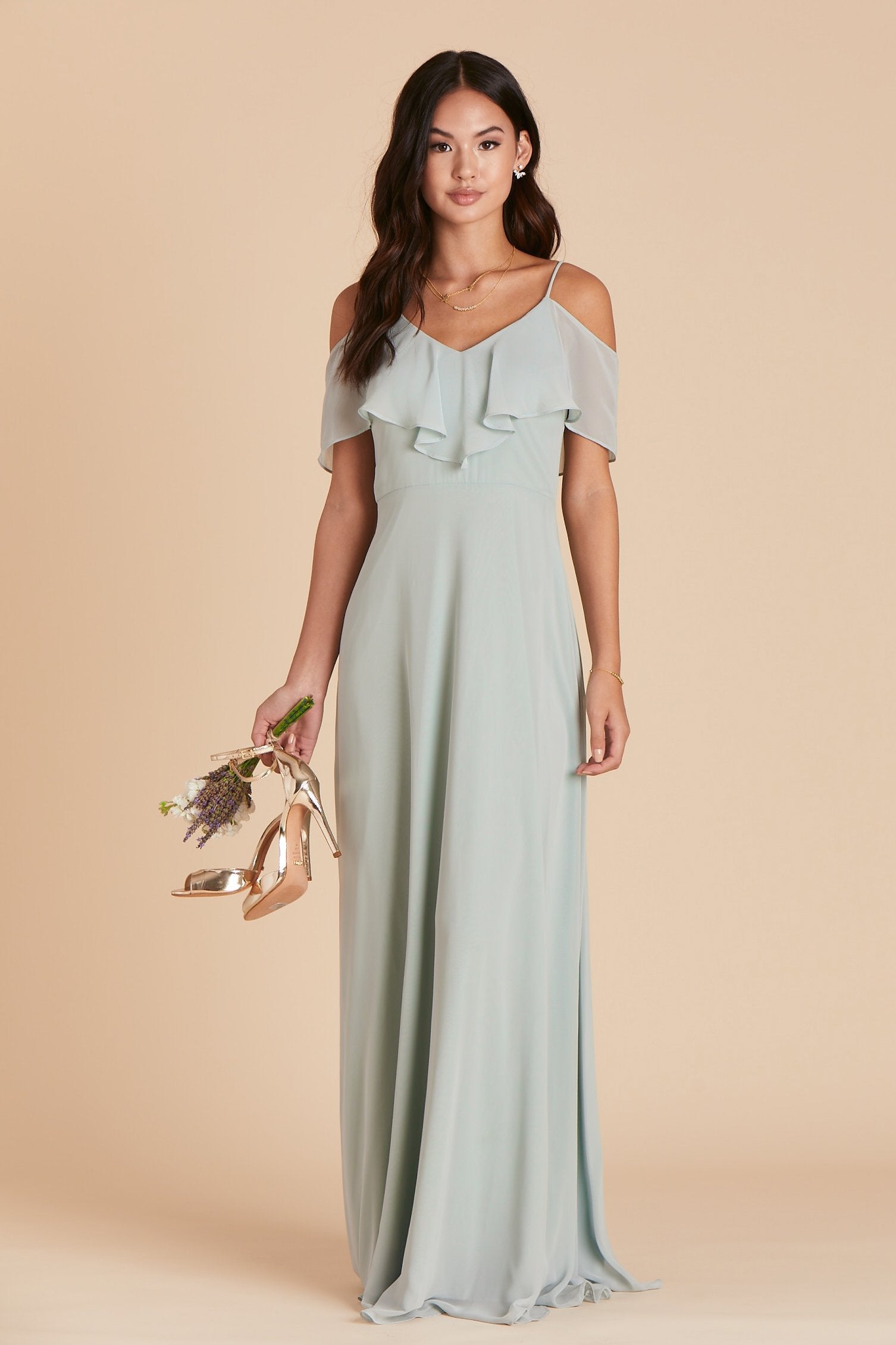 Jane convertible bridesmaid dress in sage green chiffon by Birdy Grey, front view