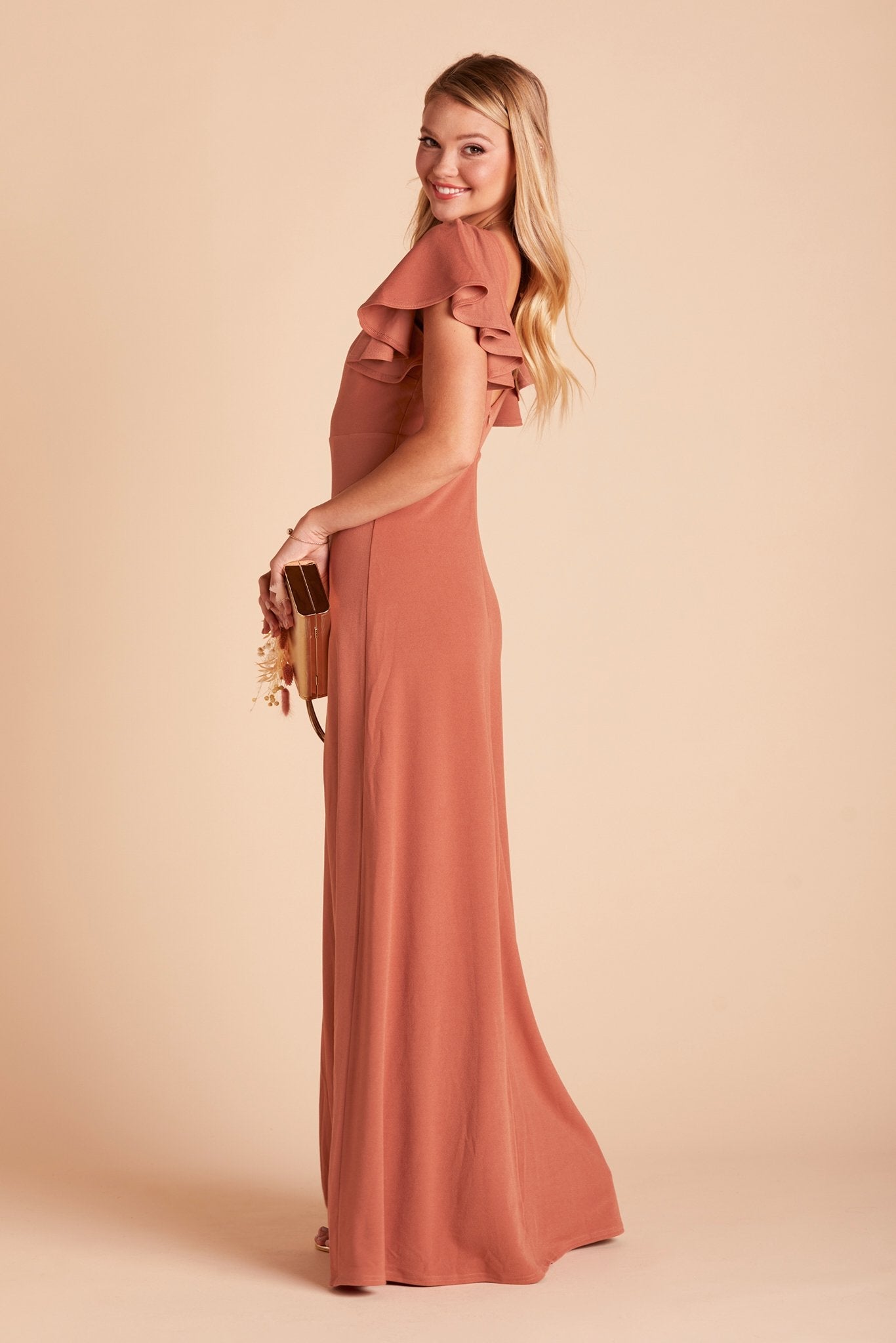 Hannah bridesmaid dress with slit in terracotta crepe by Birdy Grey, side view