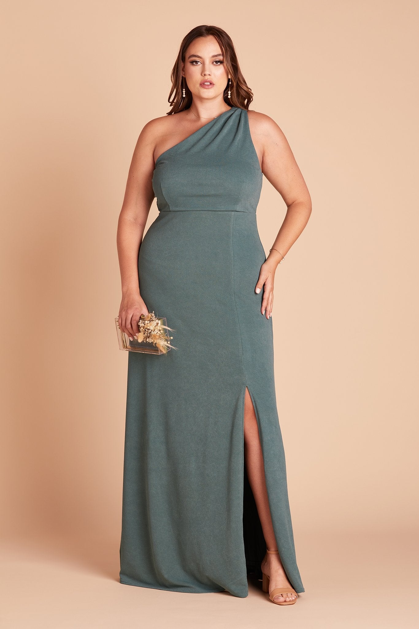 Kira plus size bridesmaid dress with slit in sea glass green crepe by Birdy Grey, front view