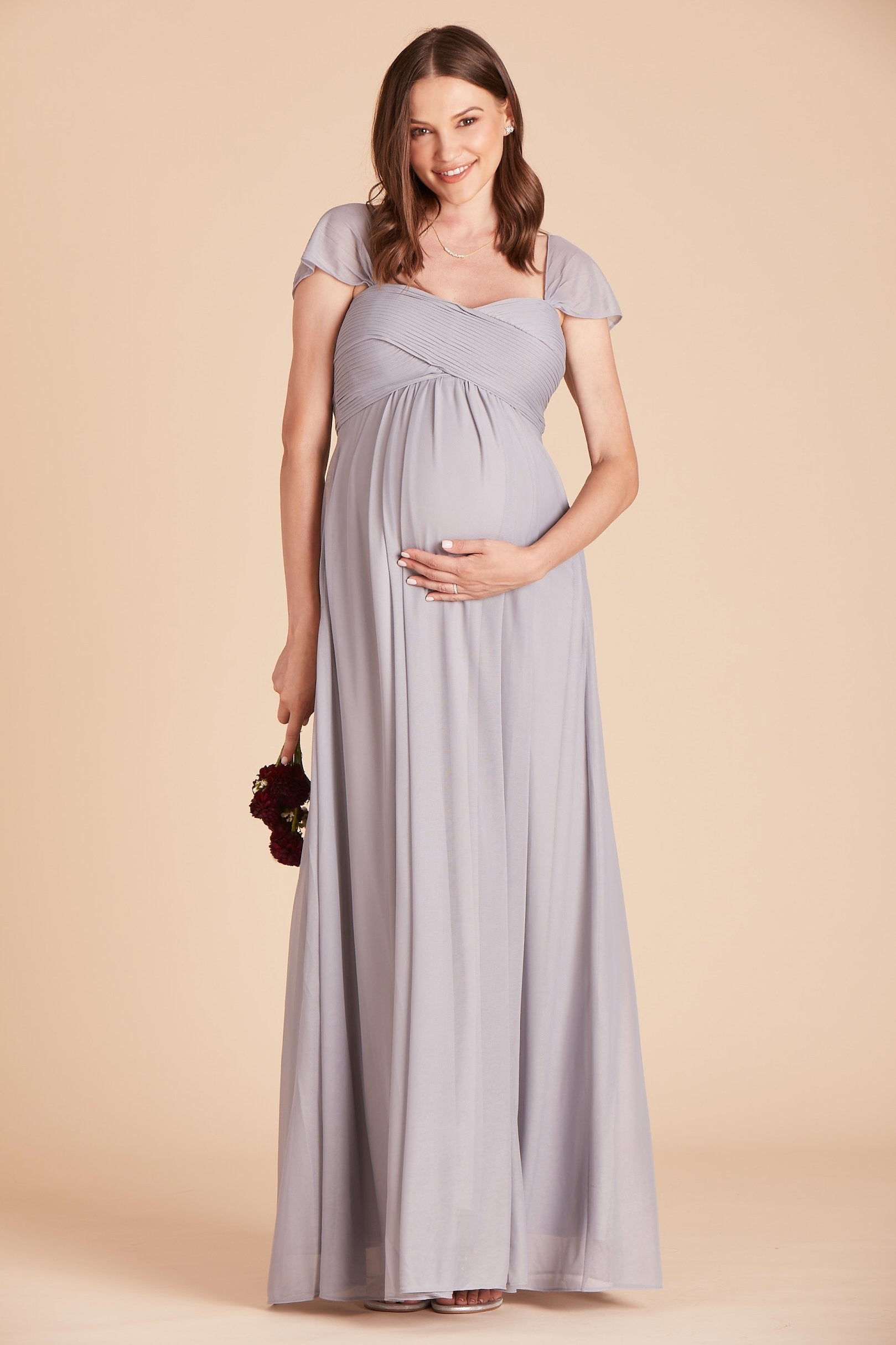 Maria convertible bridesmaids dress in silver mesh by Birdy Grey, front view