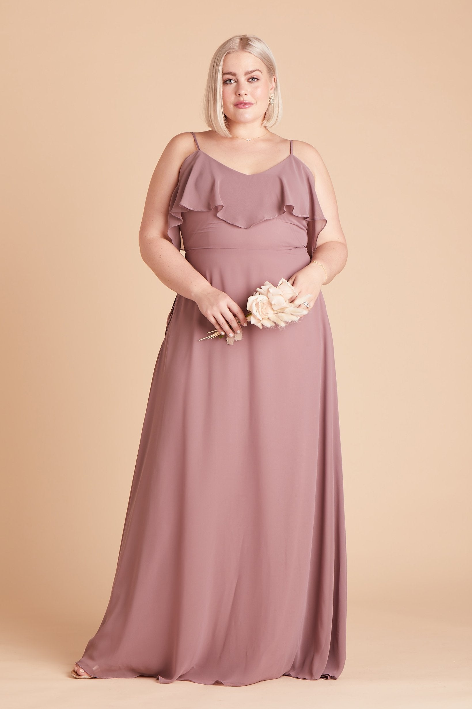 Jane convertible plus size bridesmaid dress in dark mauve chiffon by Birdy Grey, front view