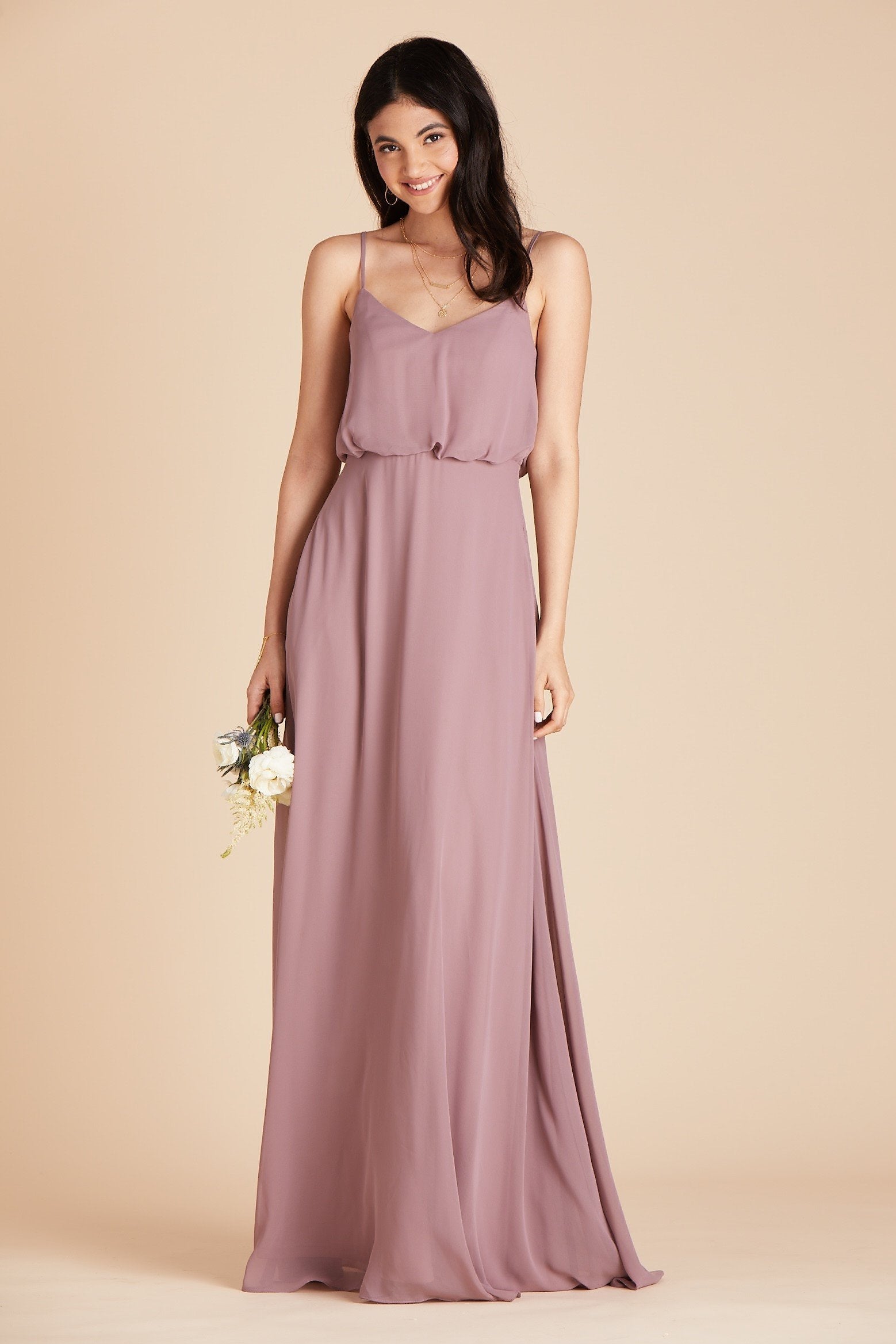 Gwennie bridesmaid dress in dark mauve chiffon by Birdy Grey, front view