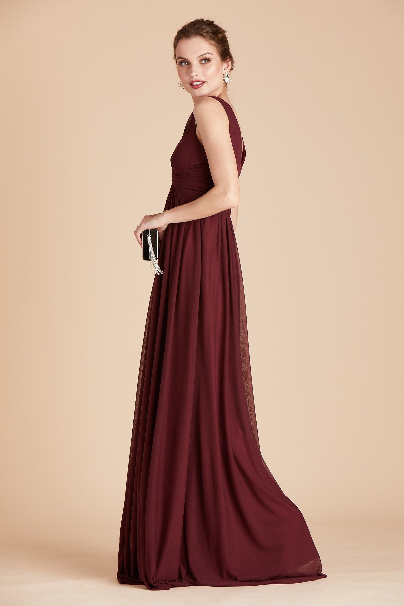 Lianna bridesmaid dress in cabernet burgundy chiffon by Birdy Grey, side view