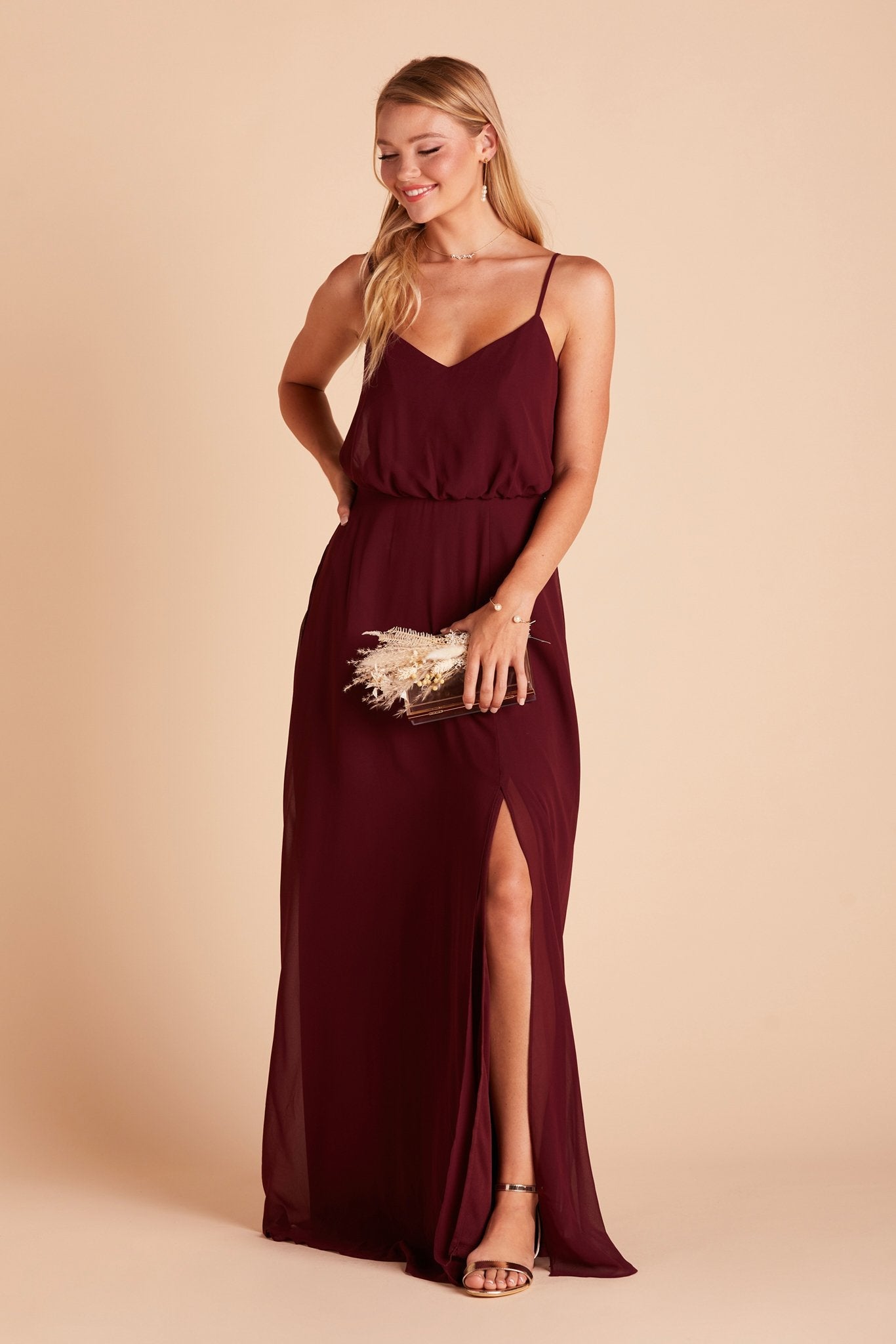 Gwennie bridesmaid dress with slit in cabernet burgundy chiffon by Birdy Grey, front view