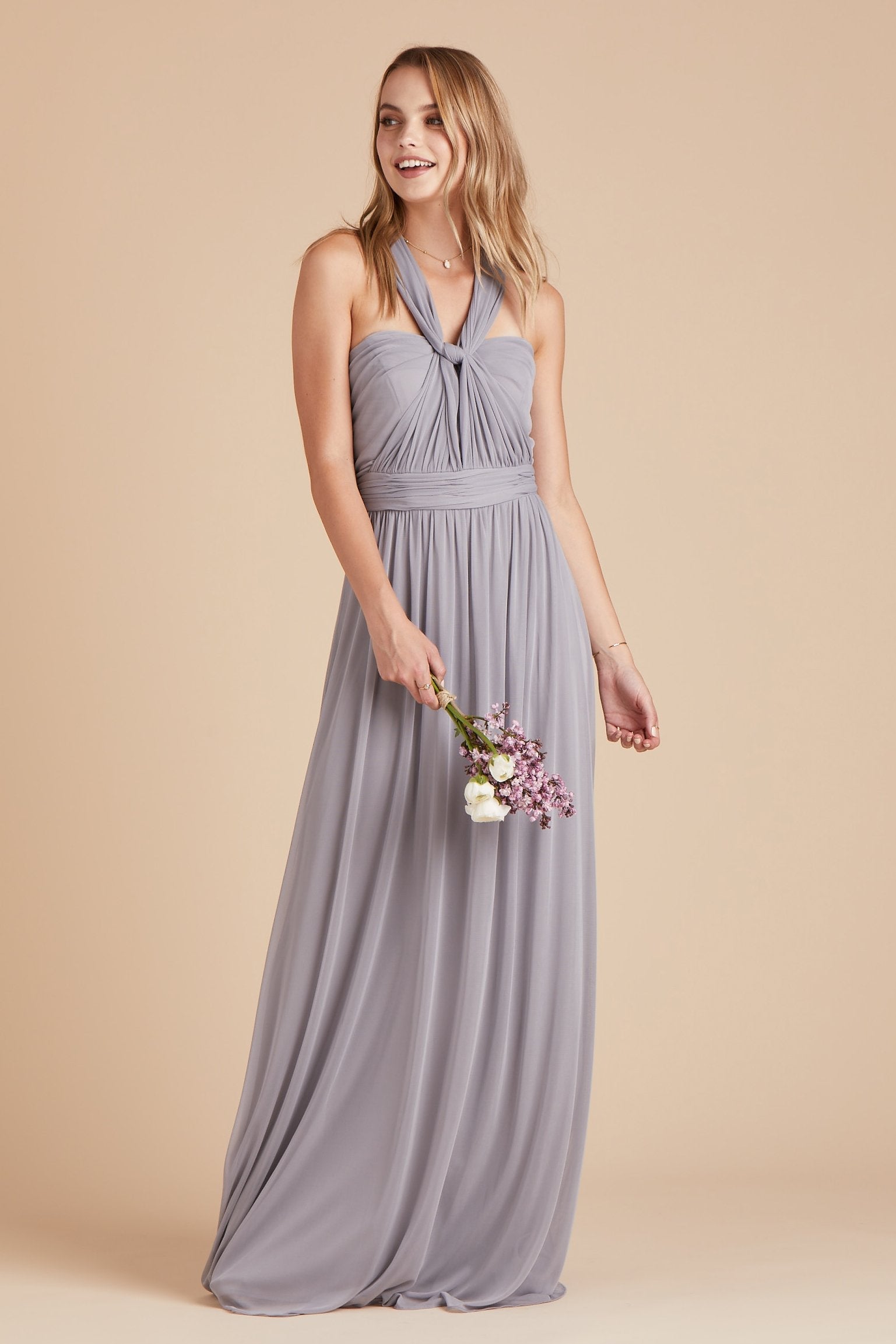 Chicky convertible bridesmaid dress in silver mesh by Birdy Grey, front view