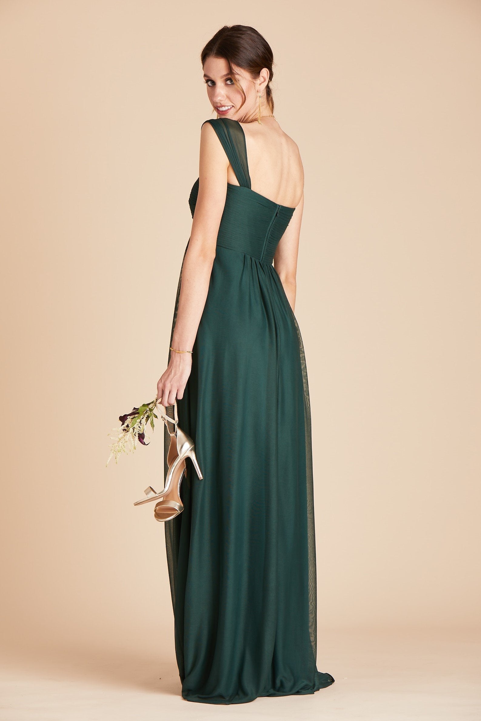 Maria convertible plus size bridesmaids dress in emerald green chiffon by Birdy Grey, back view