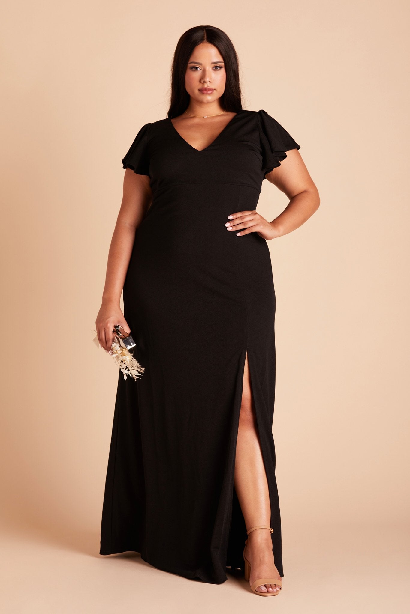 Hannah plus size bridesmaid dress with slit in black crepe by Birdy Grey, front view