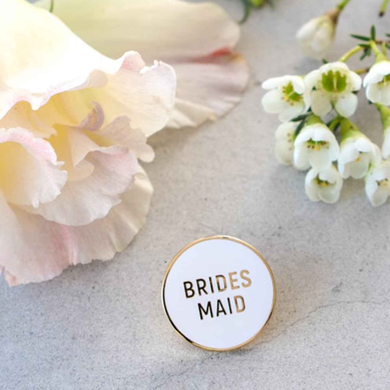 Bridesmaid Enamel Pin in white and gold by Birdy Grey, front view