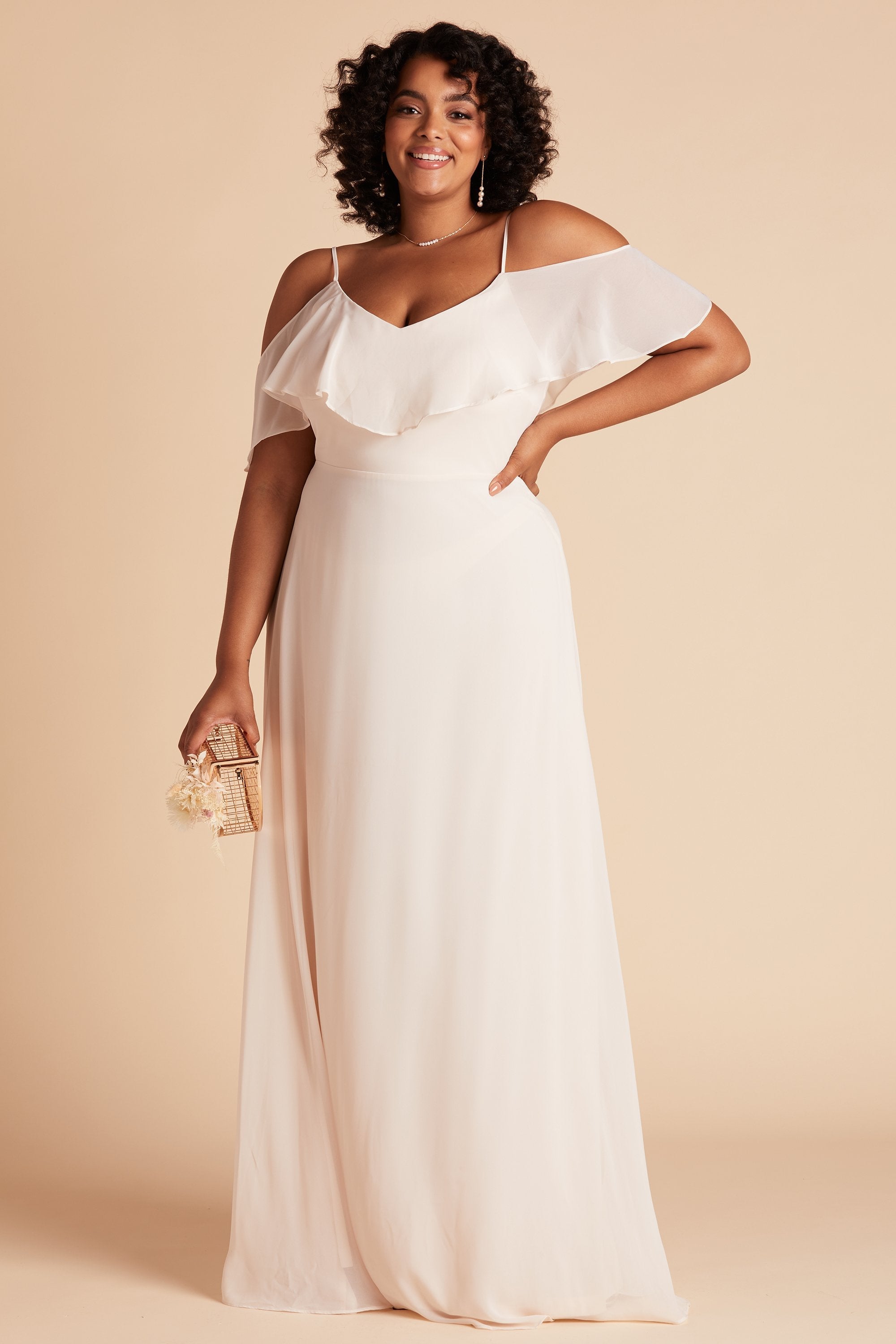 Jane convertible plus size bridesmaid dress in champagne chiffon by Birdy Grey, front view