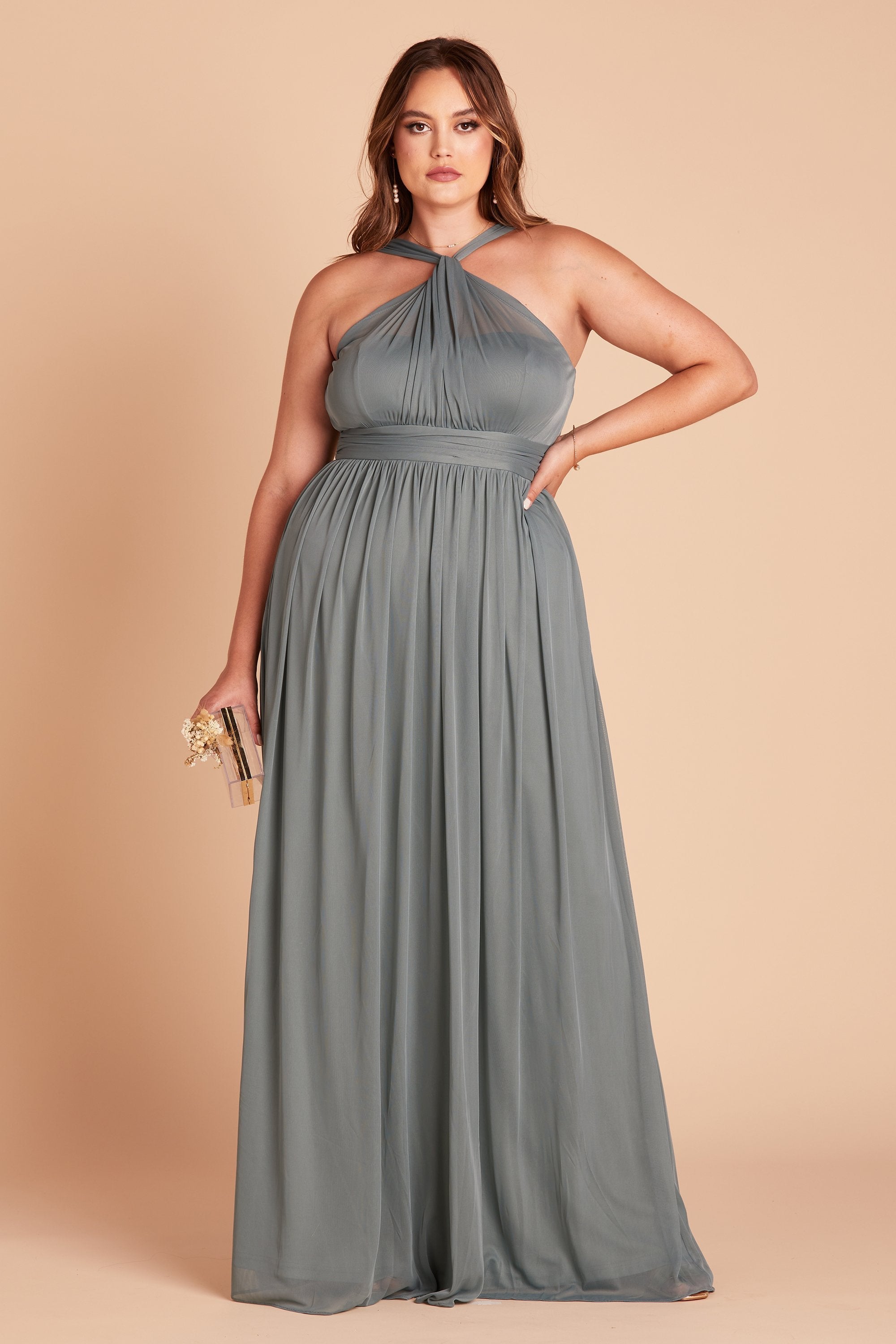 Kiko plus size bridesmaid dress in sea glass green chiffon by Birdy Grey, front view