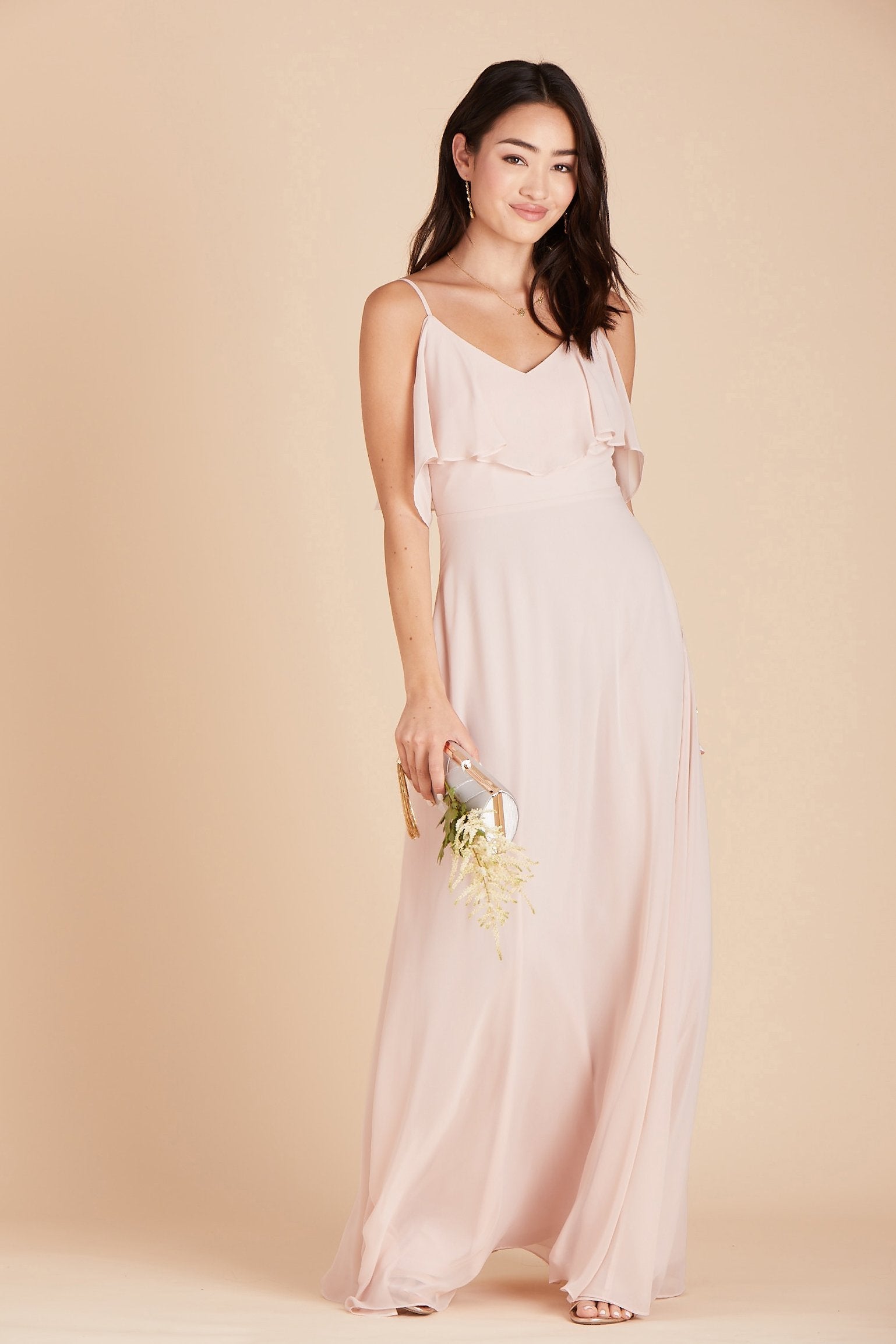 Jane convertible bridesmaid dress in pale blush chiffon by Birdy Grey, front view