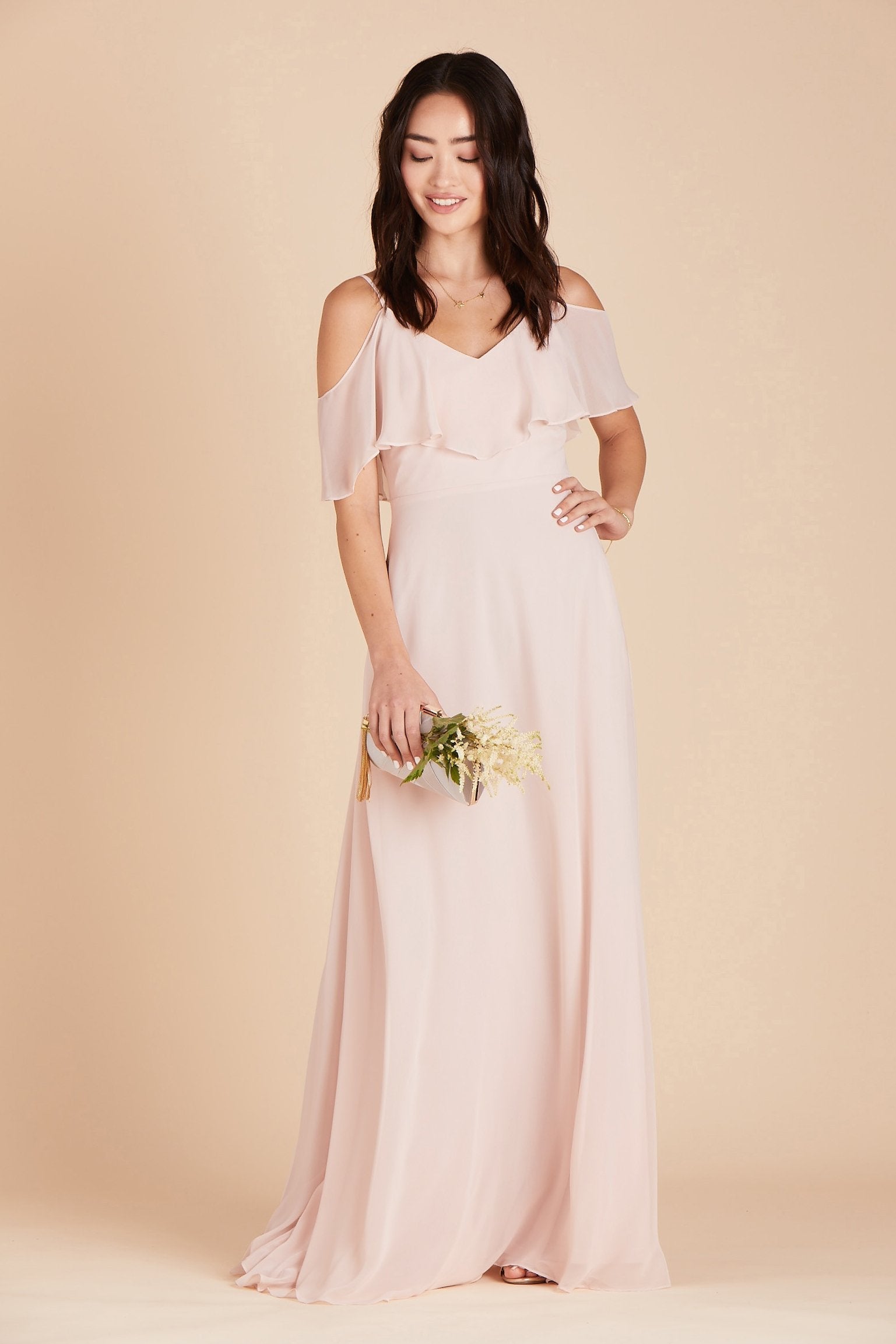 Jane convertible bridesmaid dress in pale blush chiffon by Birdy Grey, front view