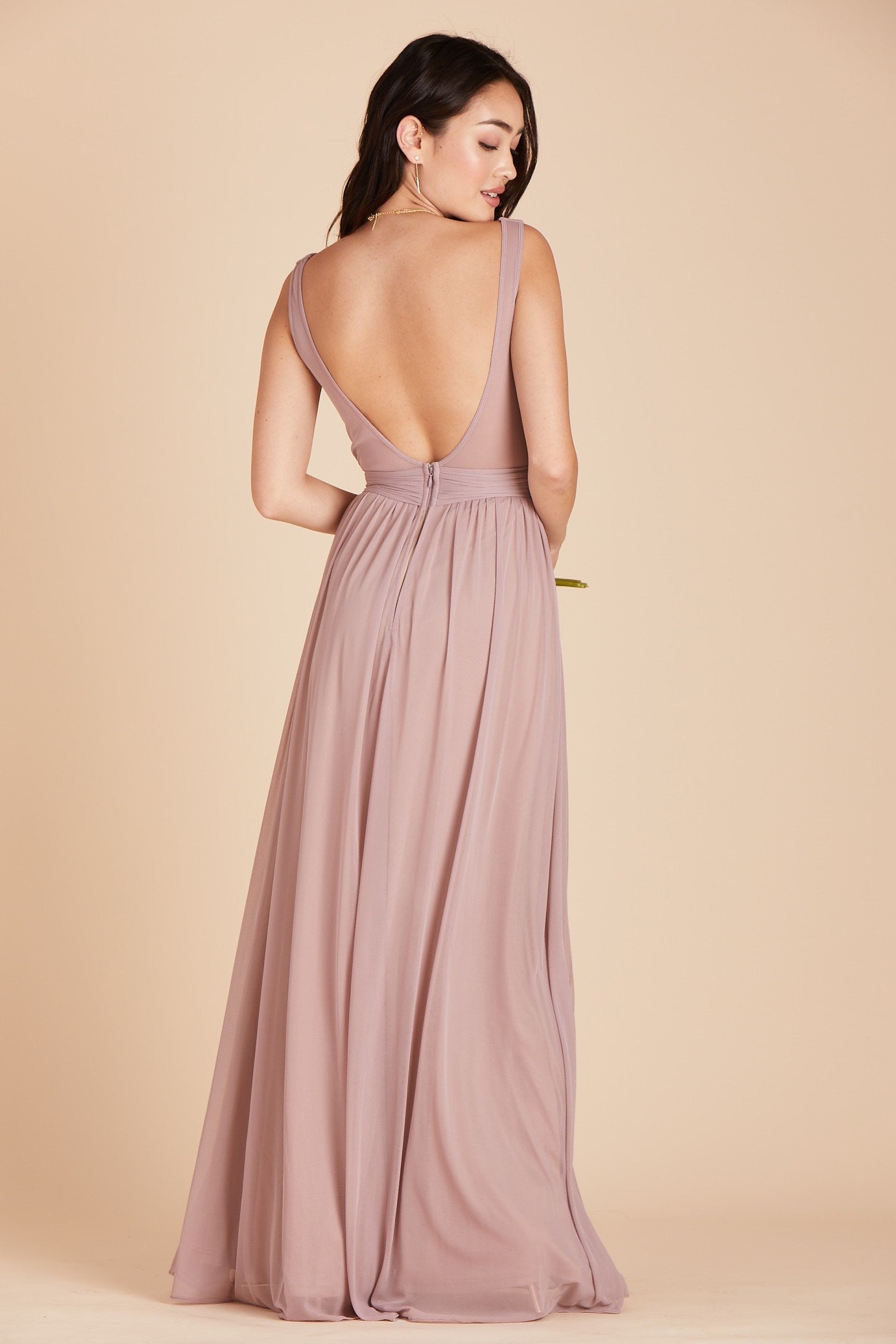 Jay bridesmaids dress in mauve chiffon by Birdy Grey, back view