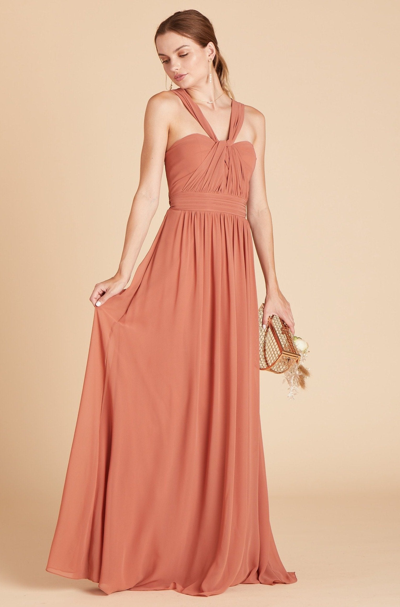 Grace convertible bridesmaid dress in terracotta orange chiffon by Birdy Grey, front view