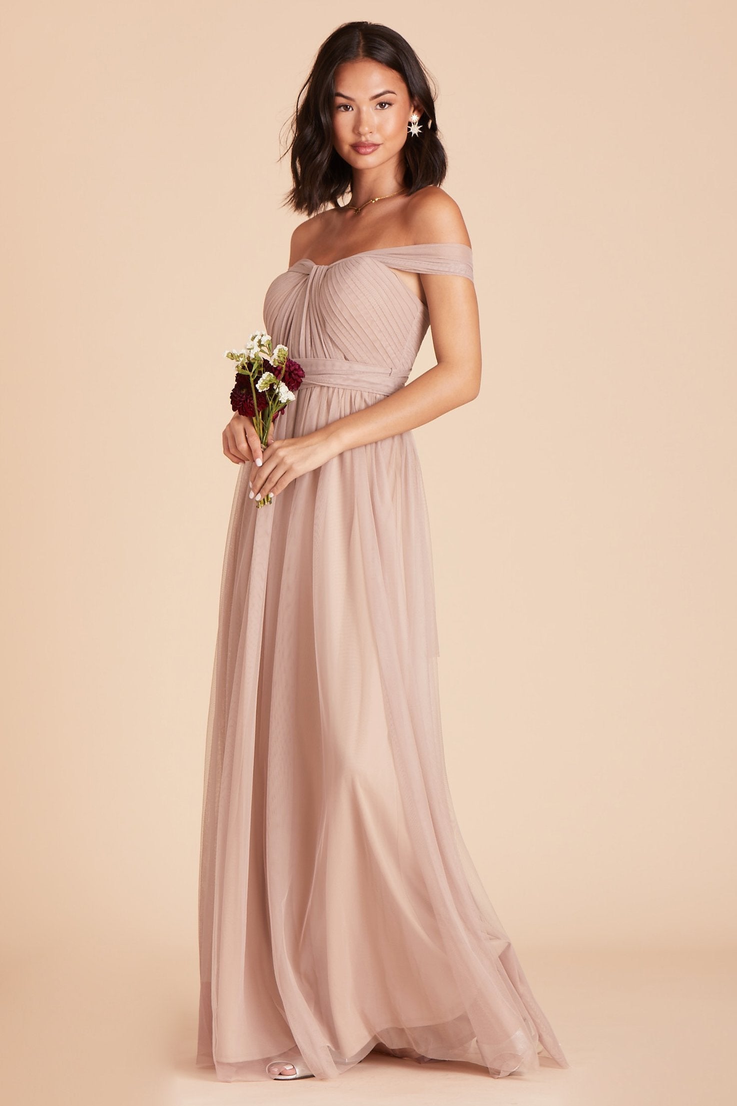 Christina convertible bridesmaid dress in sandy taupe tulle by Birdy Grey, side view