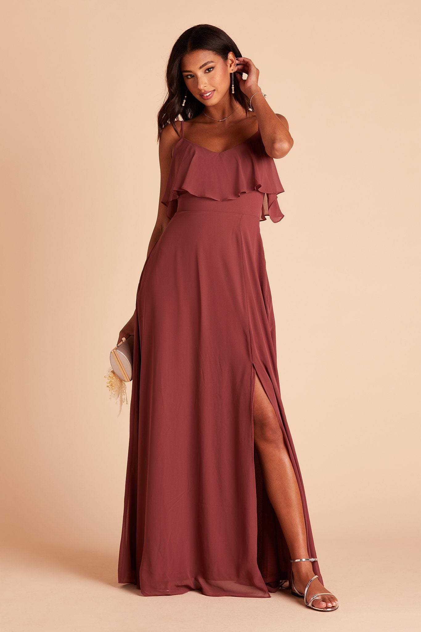 Jane convertible bridesmaid dress with slit in rosewood chiffon by Birdy Grey, front view