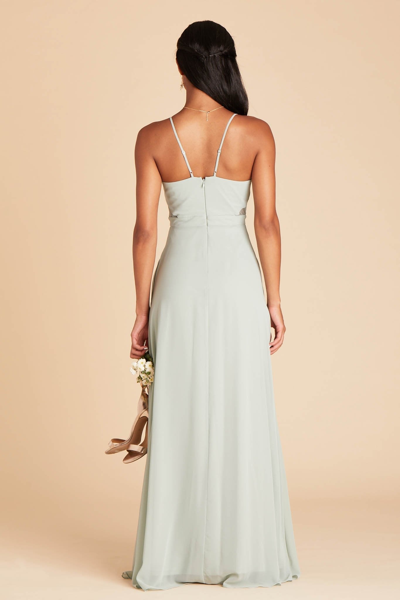 Lin bridesmaid dress in sage green chiffon by Birdy Grey, back view