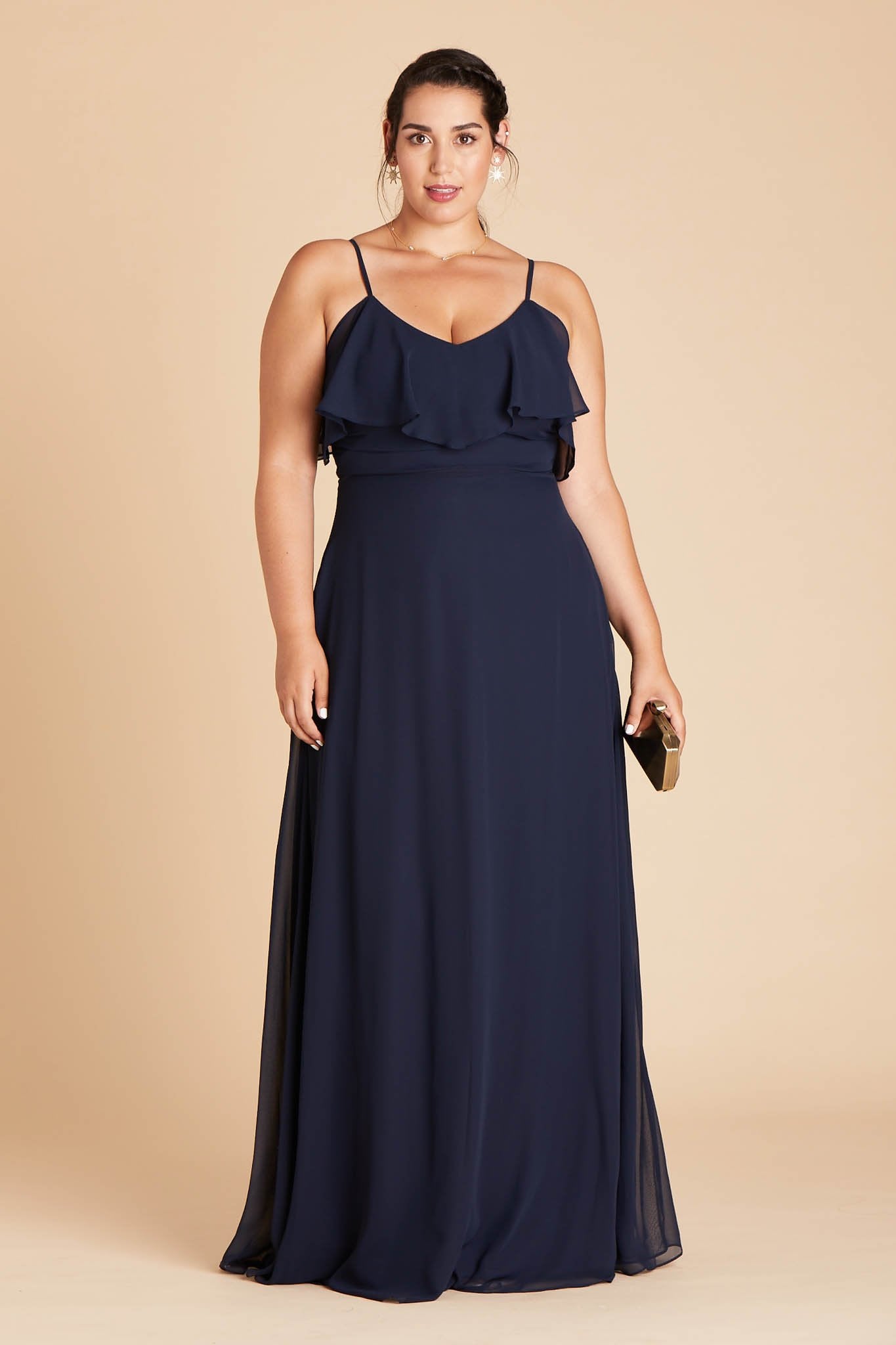 Jane convertible plus size bridesmaid dress in navy blue chiffon by Birdy Grey, front view