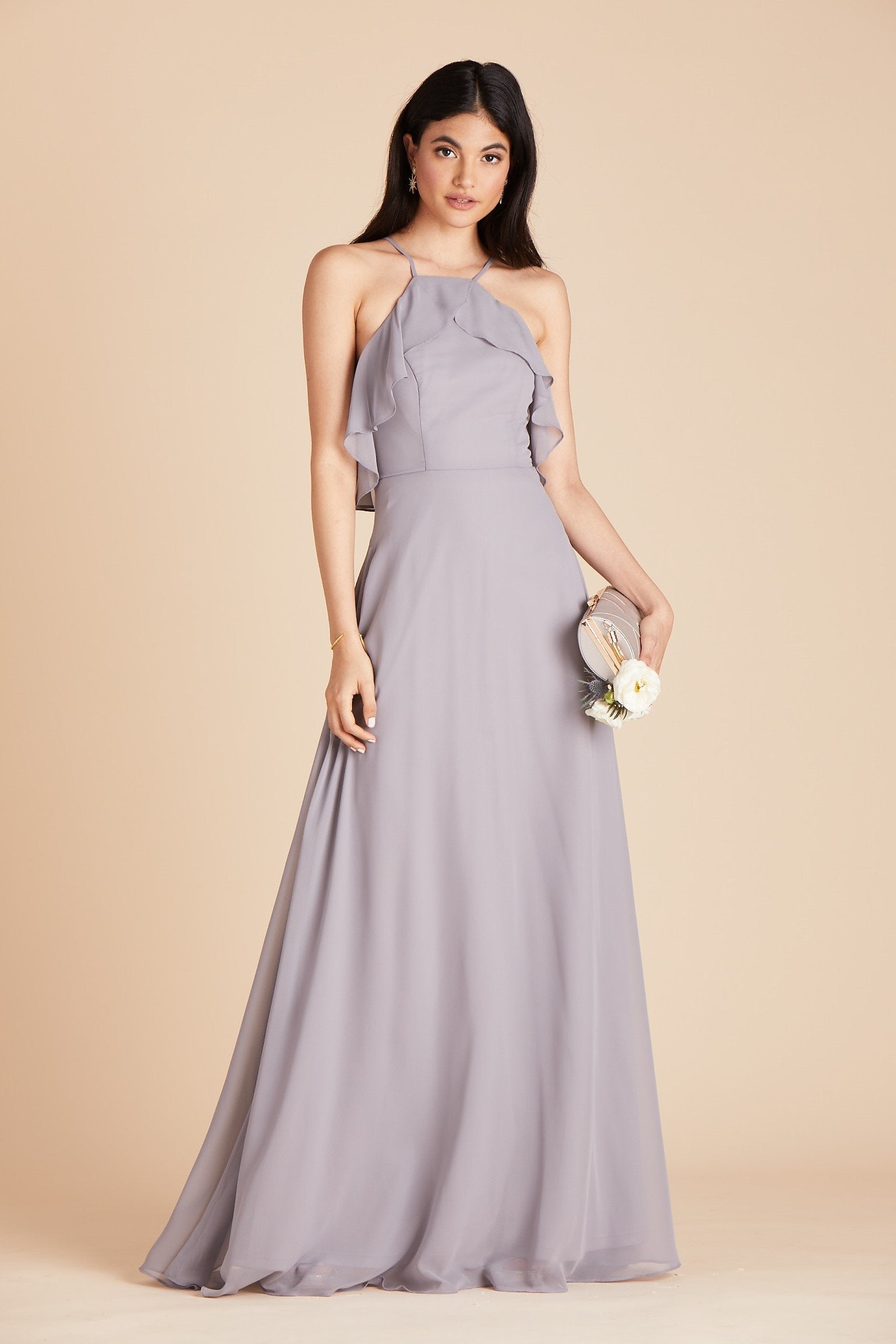 Jules bridesmaid dress in silver chiffon by Birdy Grey, front view