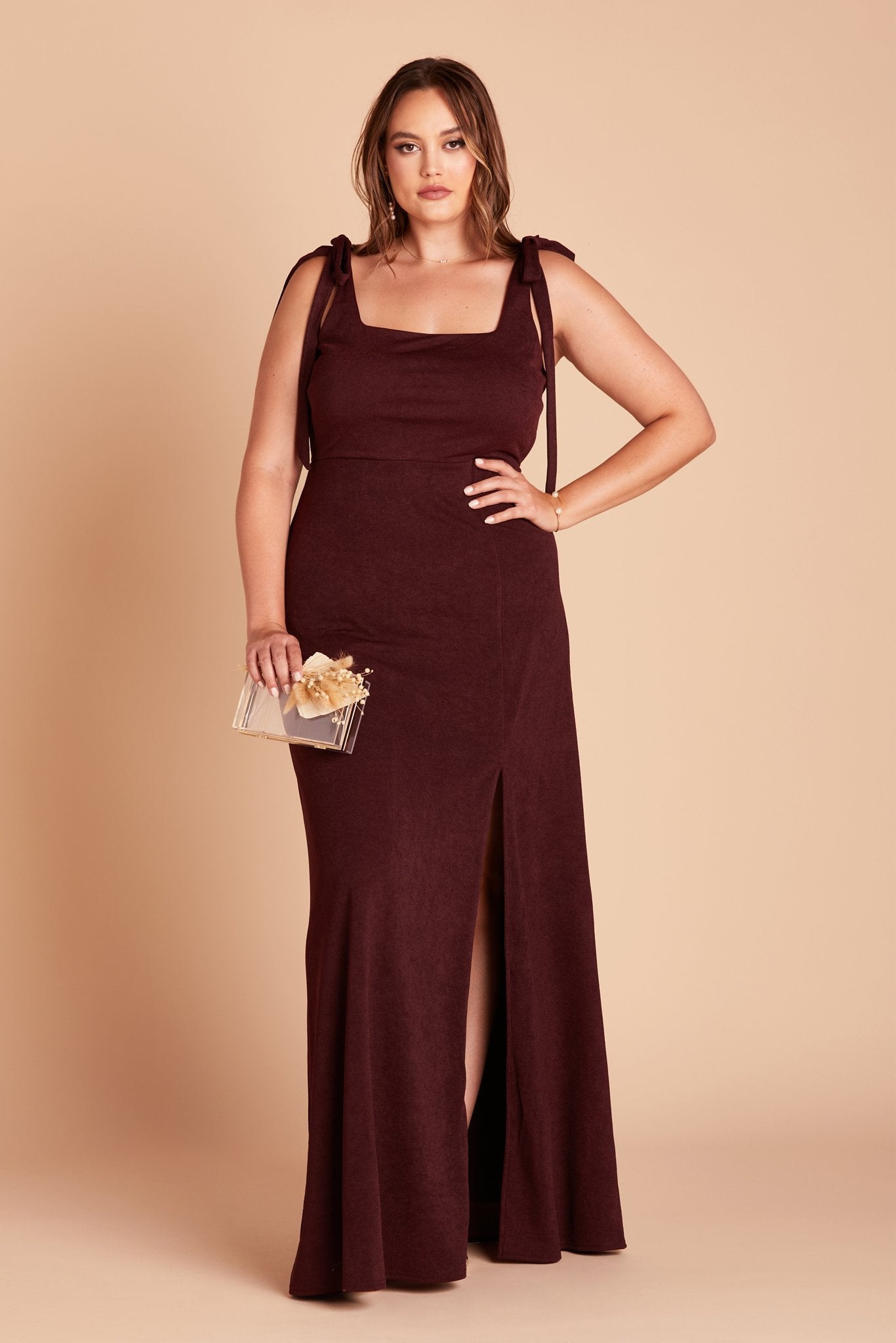 Alex convertible plus size bridesmaid dress with slit in cabernet burgundy crepe by Birdy Grey, front view