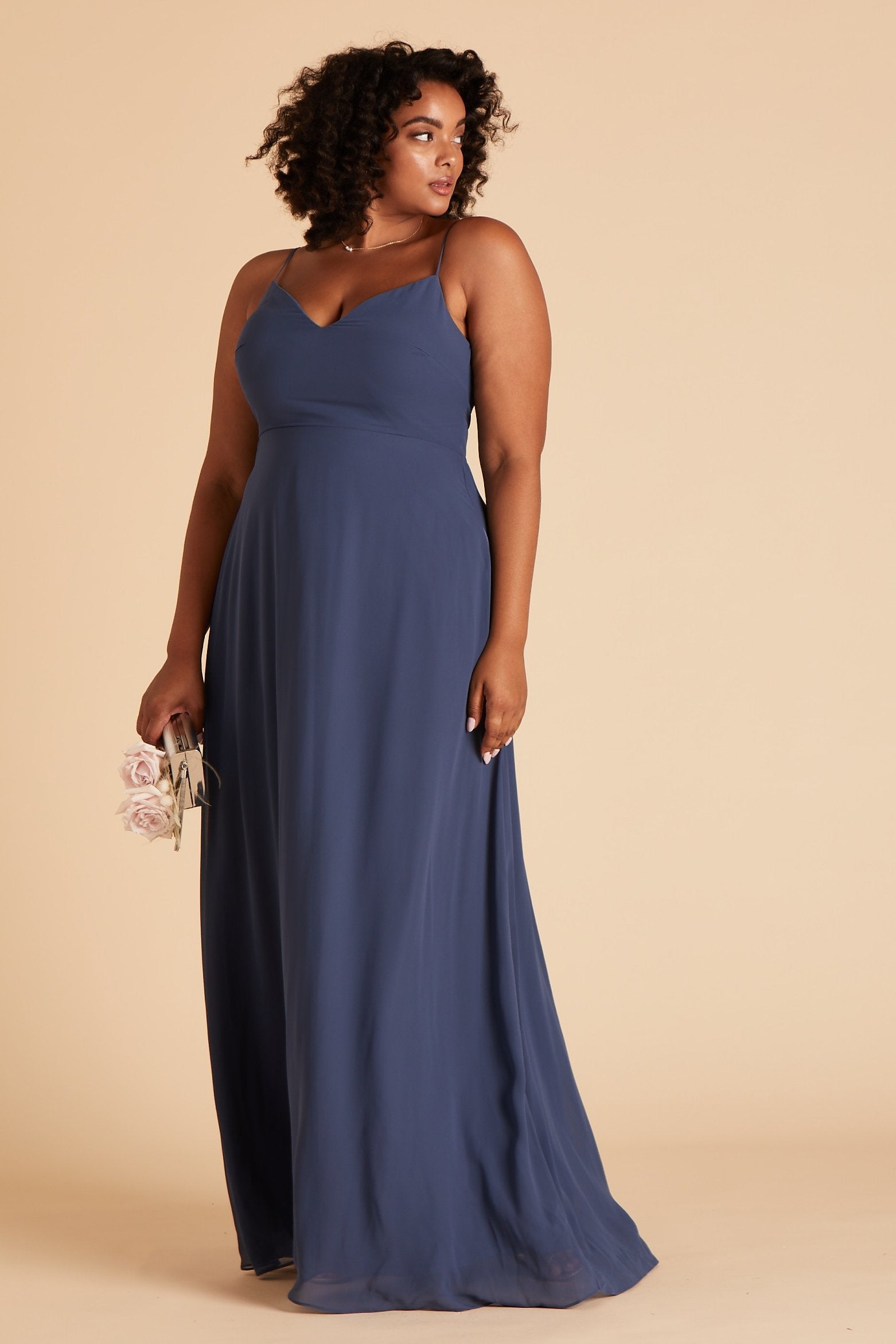 Devin convertible plus size bridesmaids dress in slate blue chiffon by Birdy Grey, front view