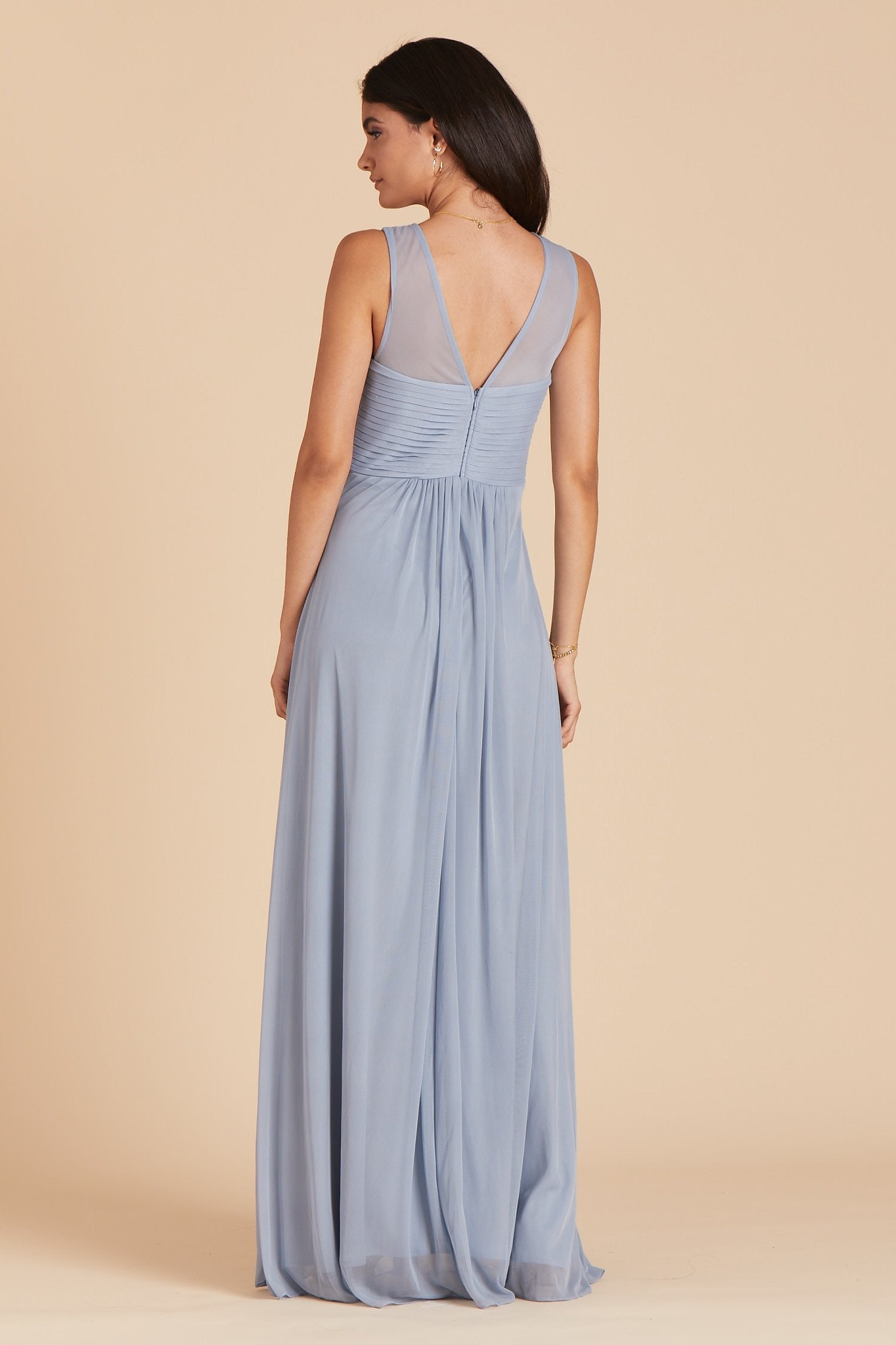 Ryan bridesmaid dress in dusty blue chiffon by Birdy Grey, back view