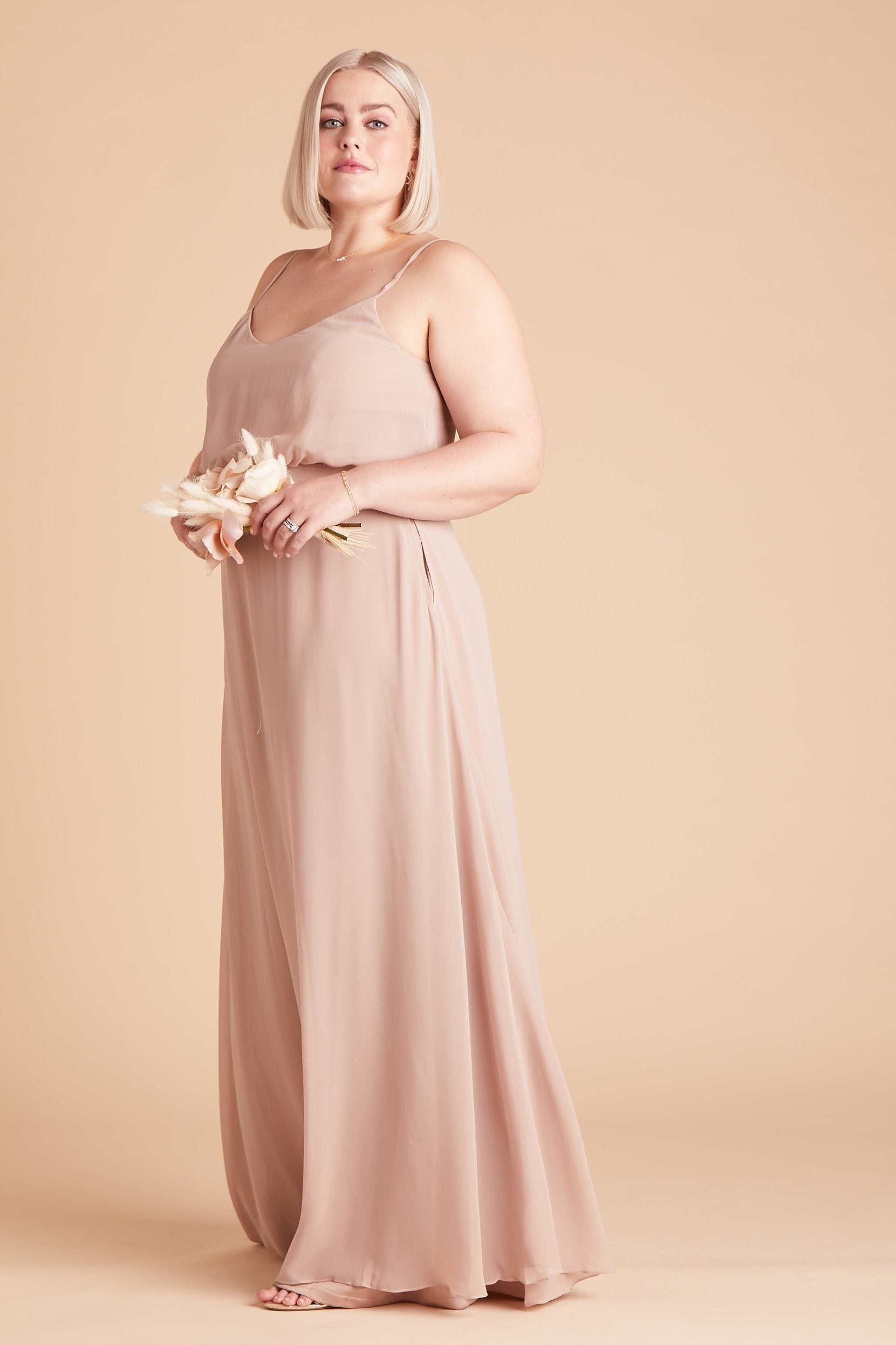 Gwennie plus size bridesmaid dress in taupe chiffon by Birdy Grey, side view