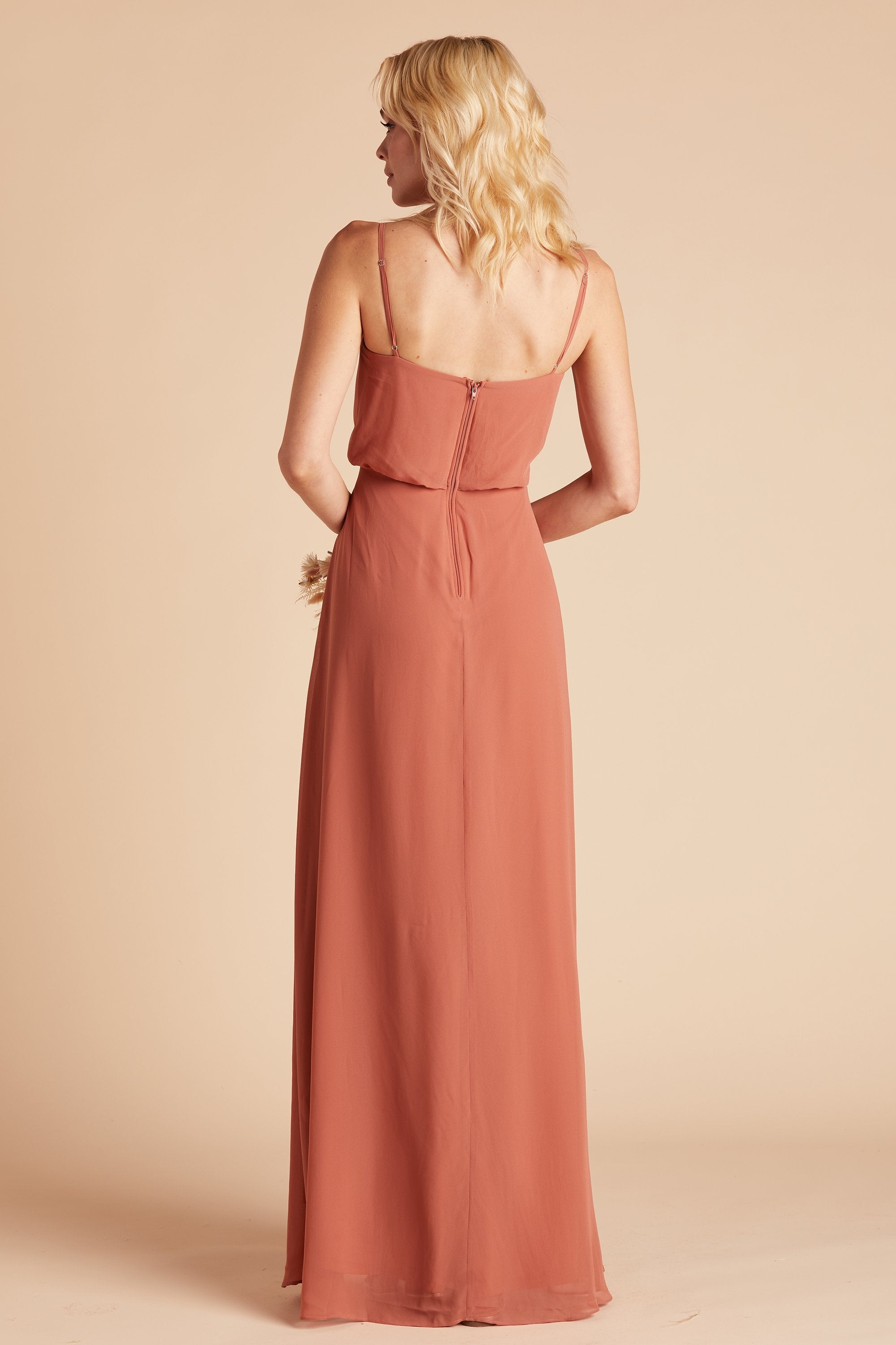 Gwennie bridesmaid dress in terracotta chiffon by Birdy Grey, back view