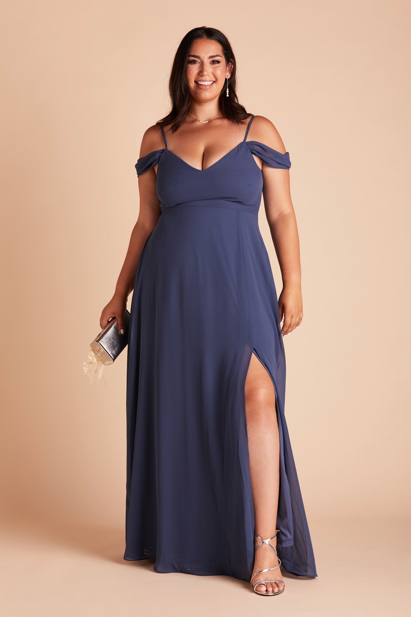 Devin convertible plus size bridesmaids dress with slit in slate blue chiffon by Birdy Grey, front view