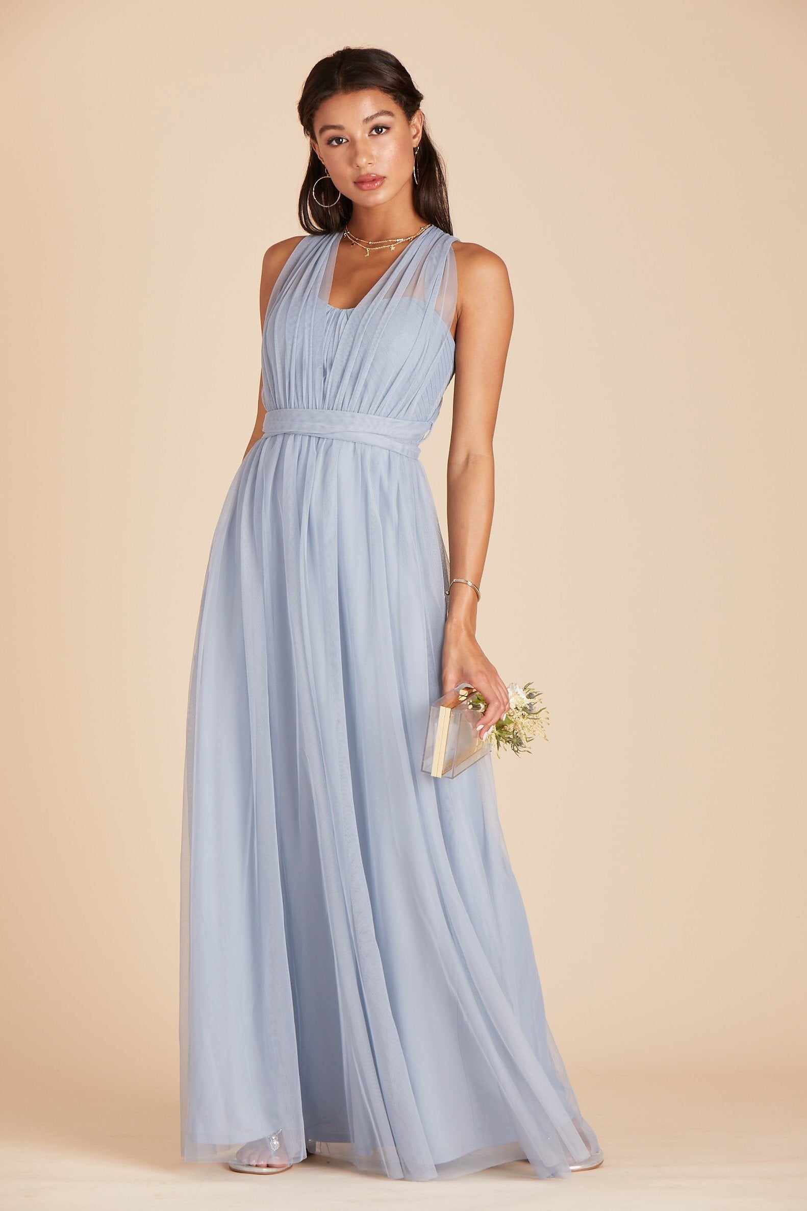 Christina convertible bridesmaid dress in dusty blue tulle by Birdy Grey, front view