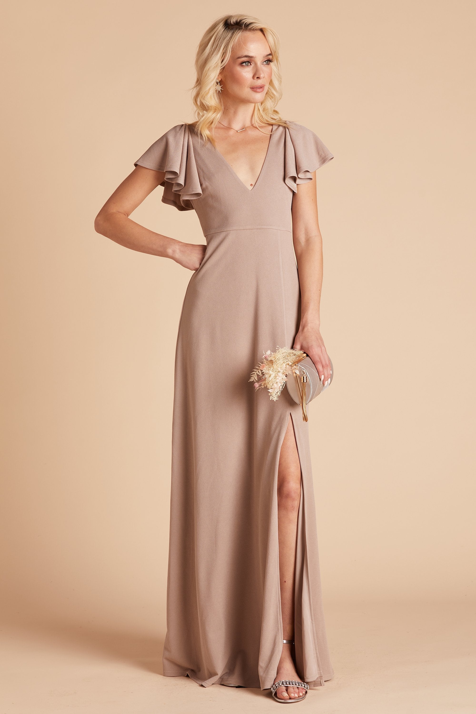 Hannah bridesmaid dress with slit in taupe crepe by Birdy Grey, front view