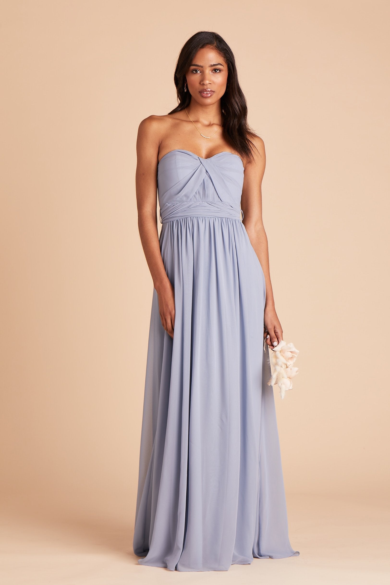 Grace convertible bridesmaid dress in dusty blue chiffon by Birdy Grey, front view