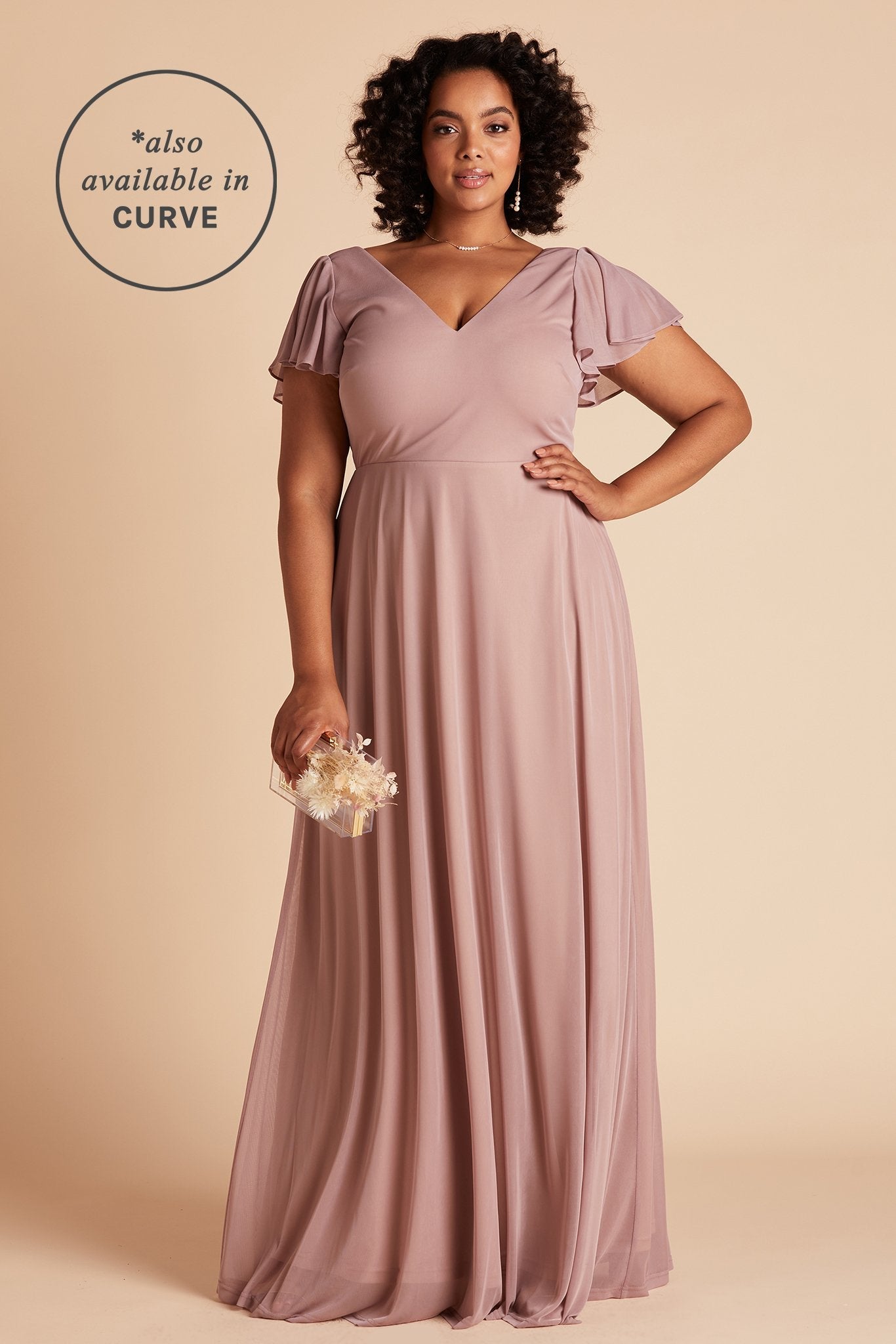 Hannah plus size bridesmaids dress in mauve chiffon by Birdy Grey, front view