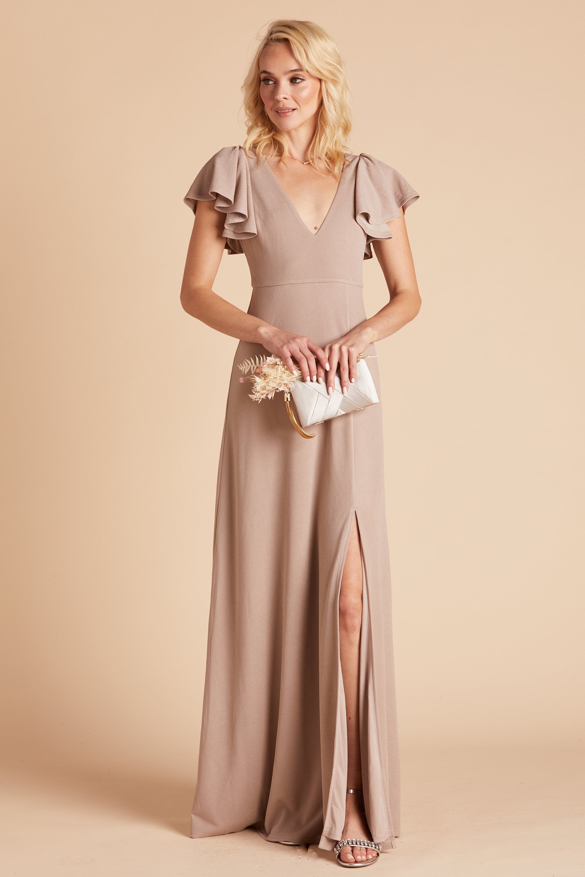 Hannah bridesmaid dress with slit in taupe crepe by Birdy Grey, front view