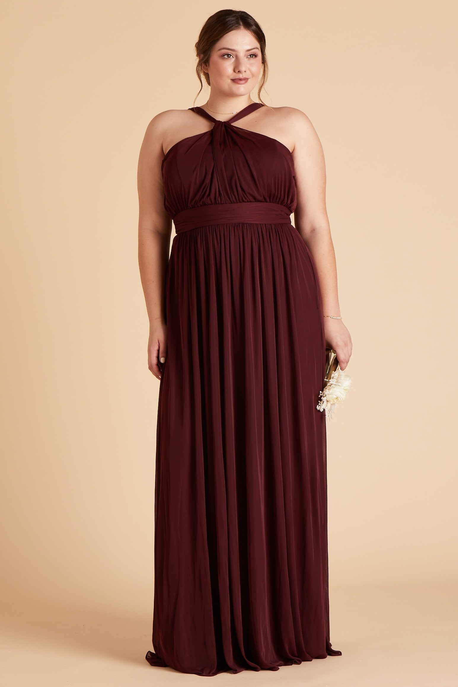 Kiko plus size bridesmaid dress in cabernet burgundy chiffon by Birdy Grey, front view