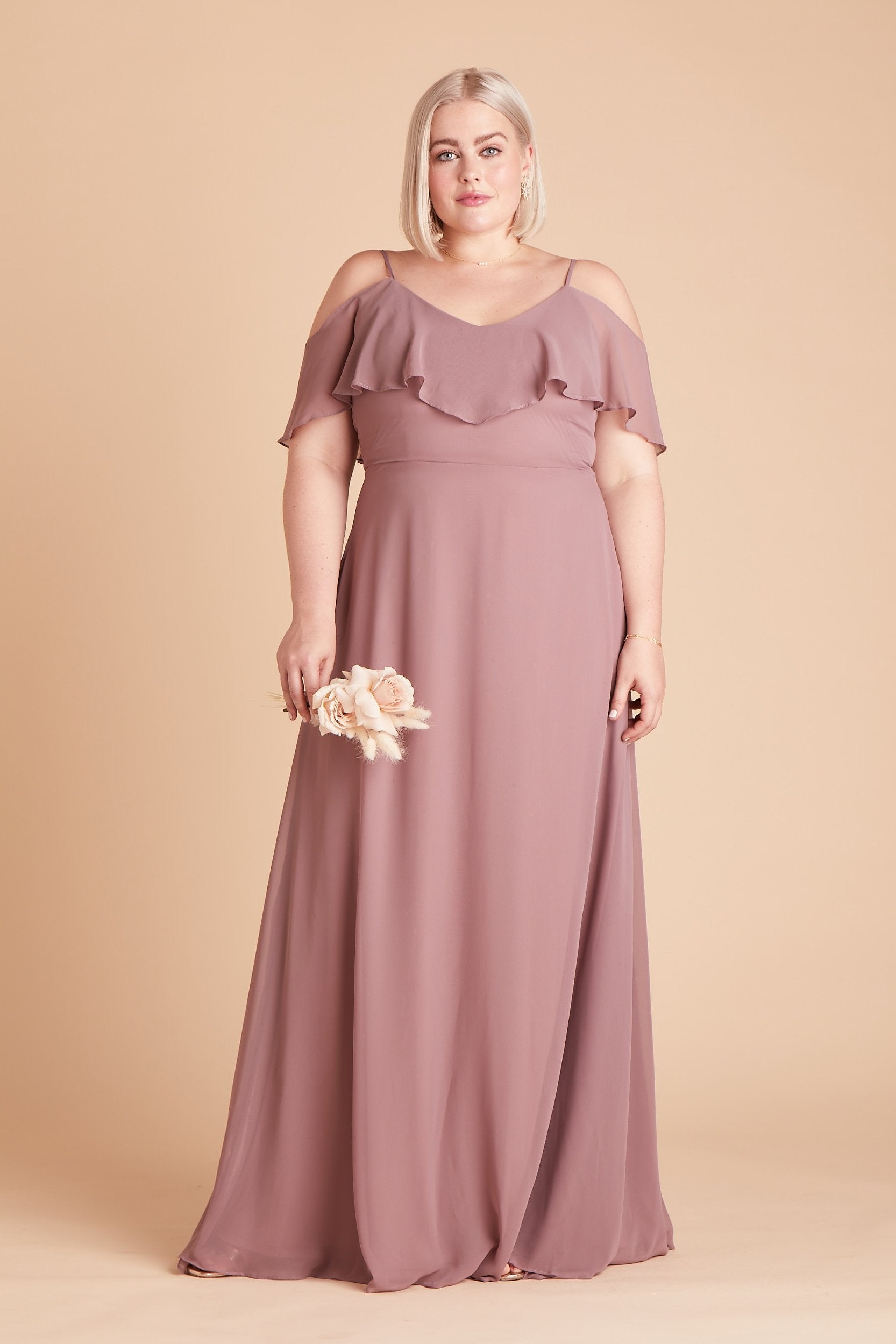 Jane convertible plus size bridesmaid dress in dark mauve chiffon by Birdy Grey, front view