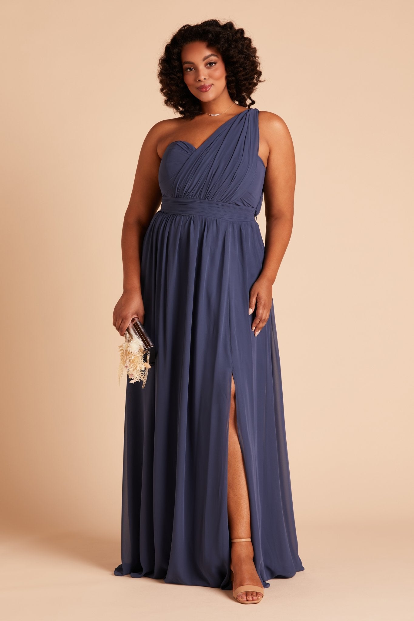 Grace convertible plus size bridesmaid dress with slit in slate blue chiffon by Birdy Grey, front view