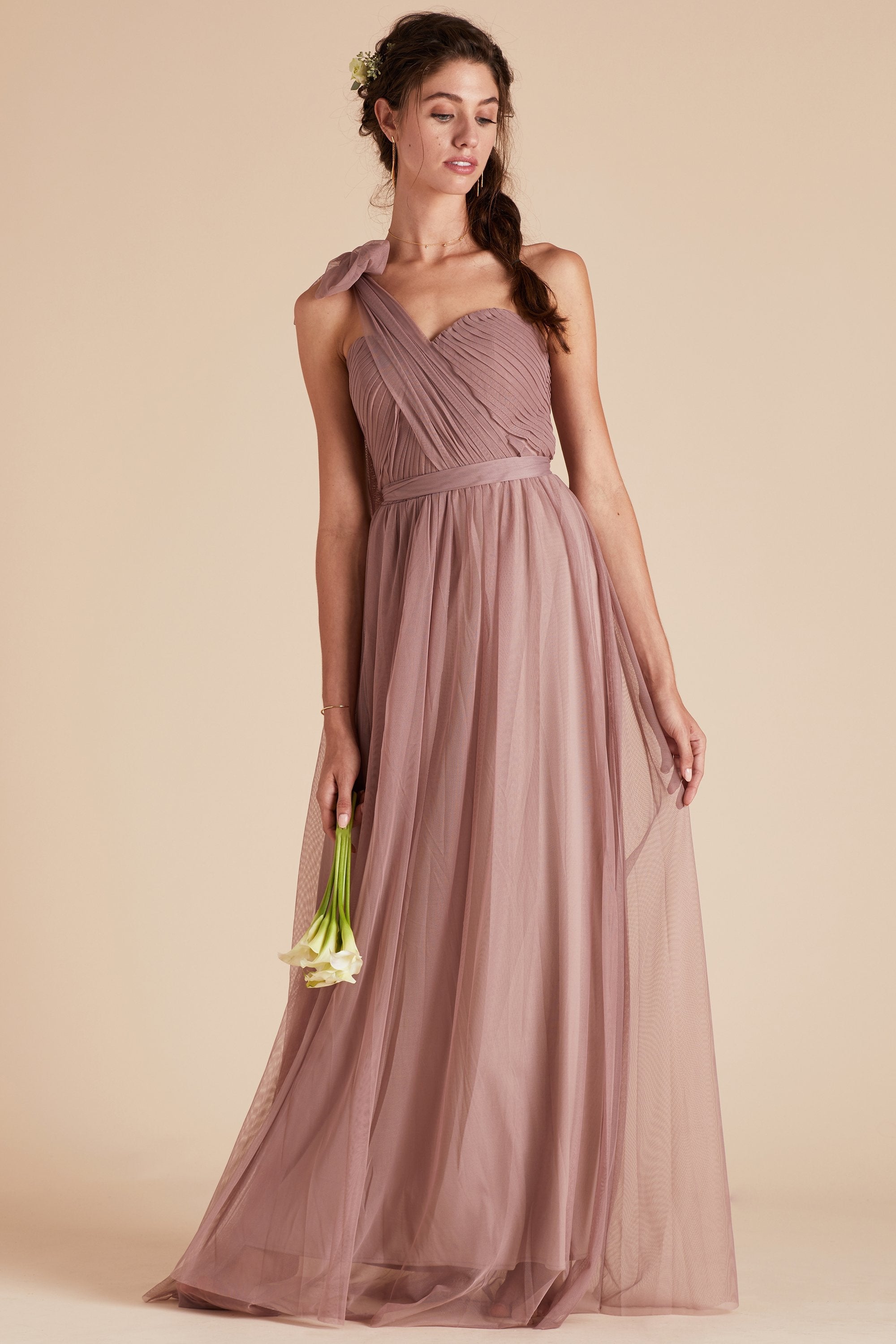 Christina convertible bridesmaid dress in sandy mauve tulle by Birdy Grey, front view