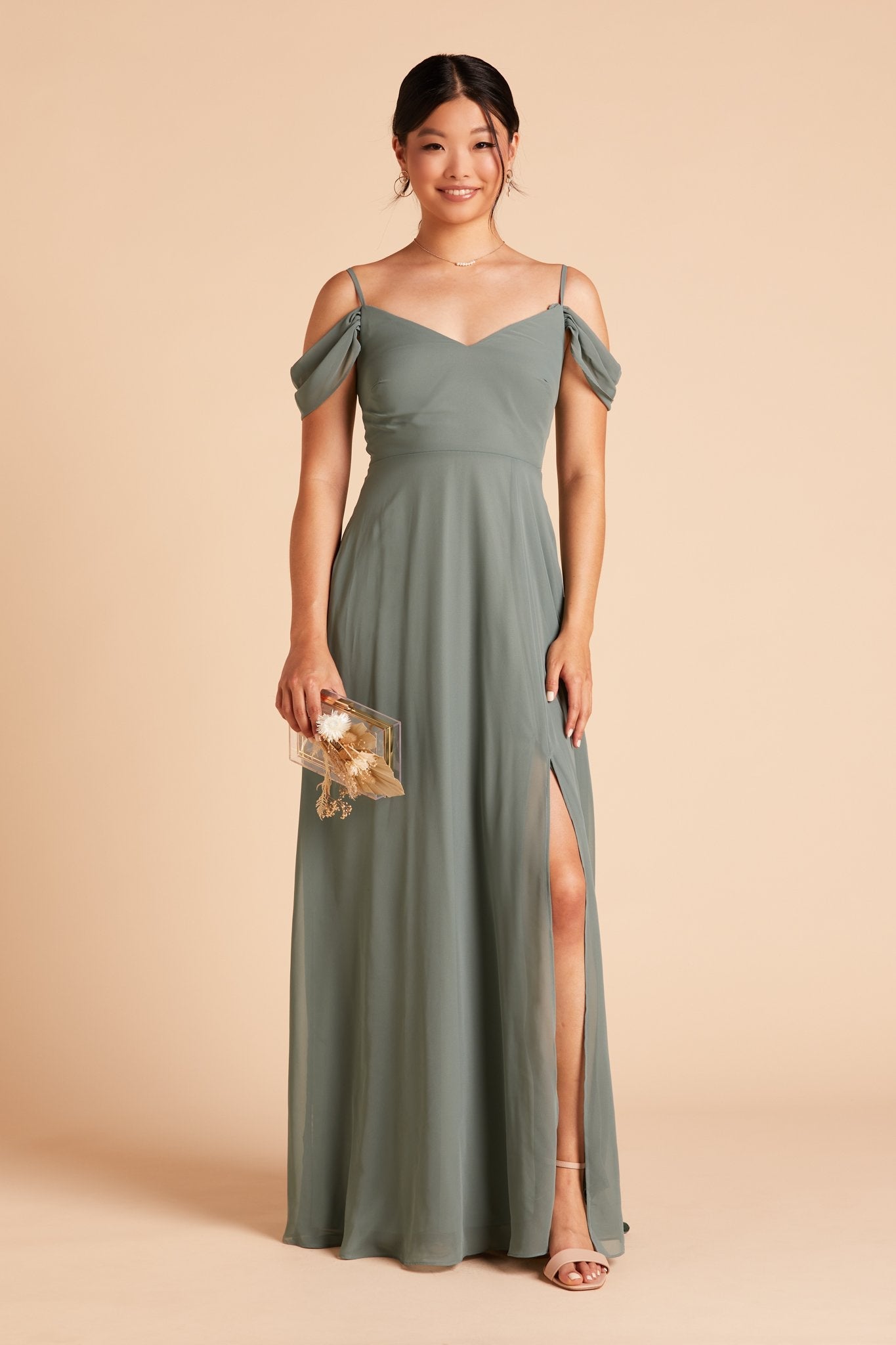 Devin convertible bridesmaids dress with slit in sea glass green chiffon by Birdy Grey, front view