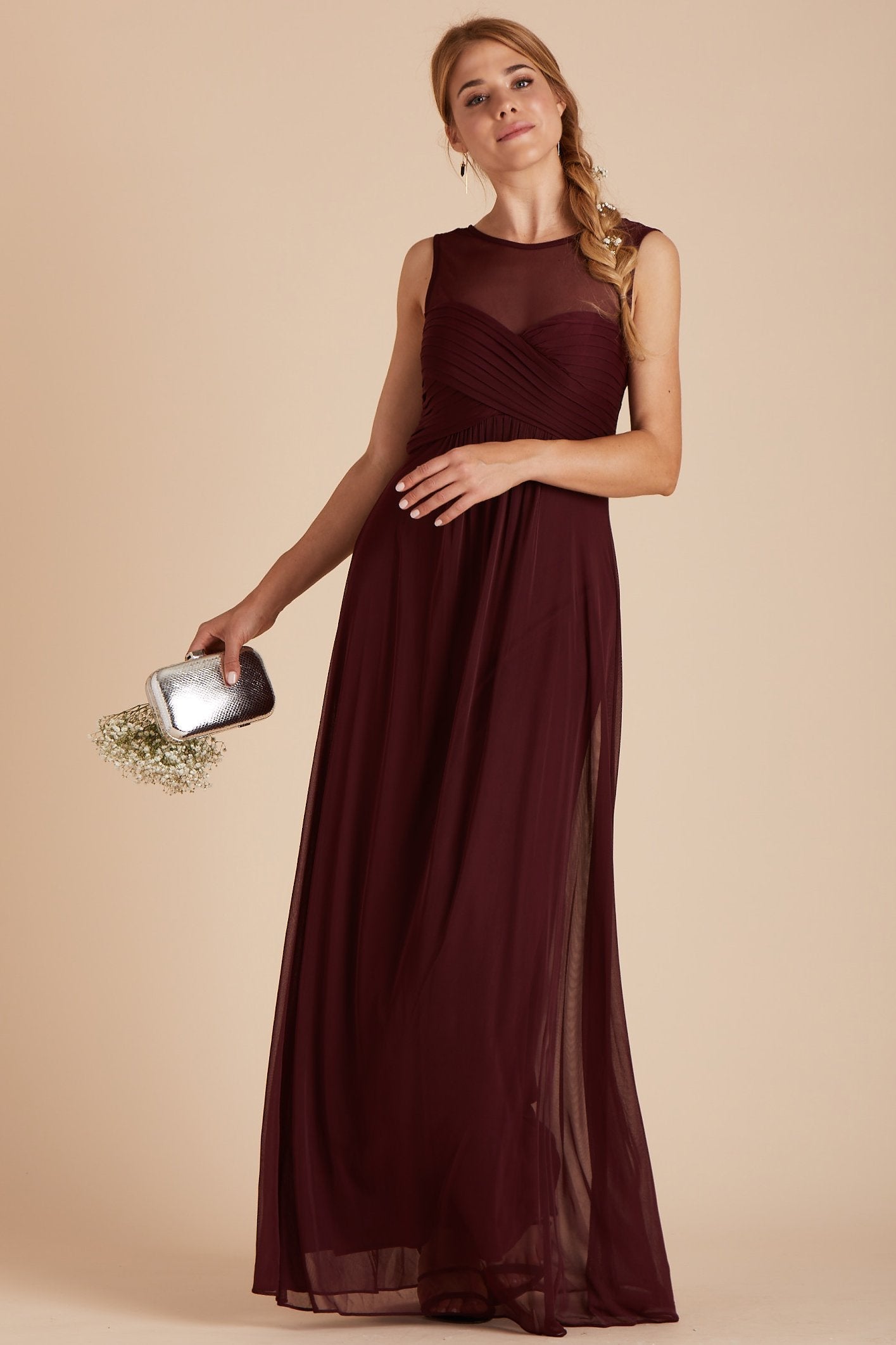 Ryan bridesmaid dress in cabernet burgundy chiffon by Birdy Grey, front view