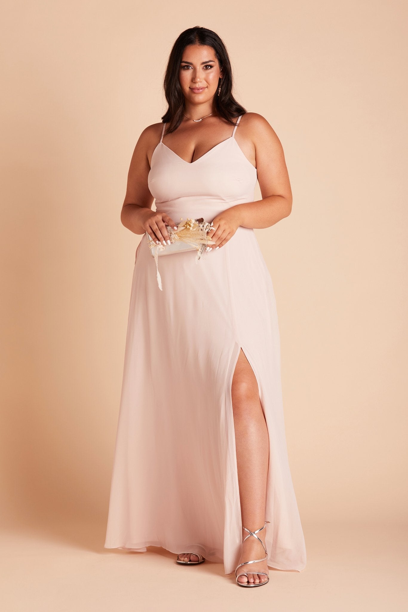 Devin convertible plus size bridesmaids dress with slit in pale blush chiffon by Birdy Grey, front view