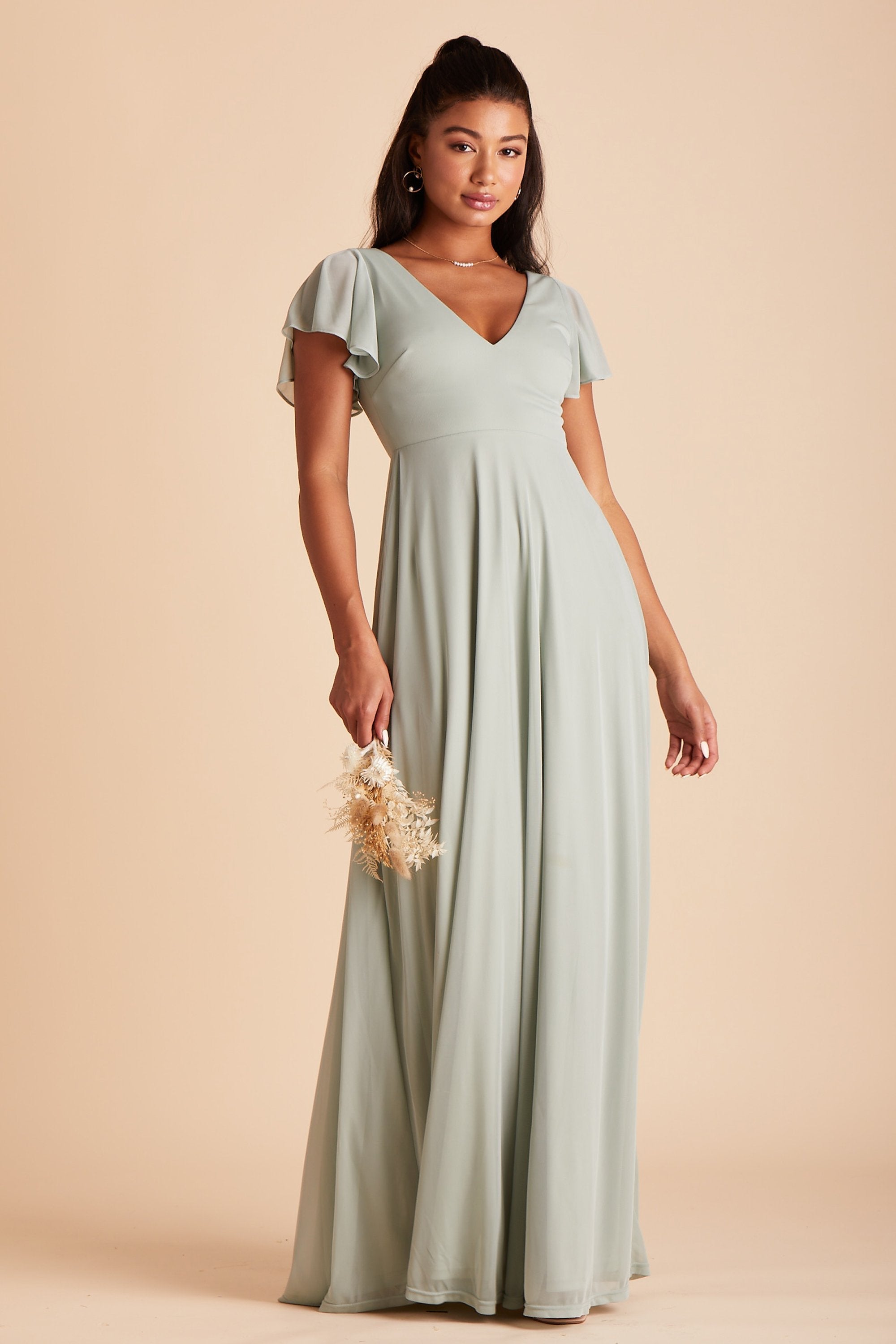 Hannah bridesmaids dress in sage green mesh by Birdy Grey, front view