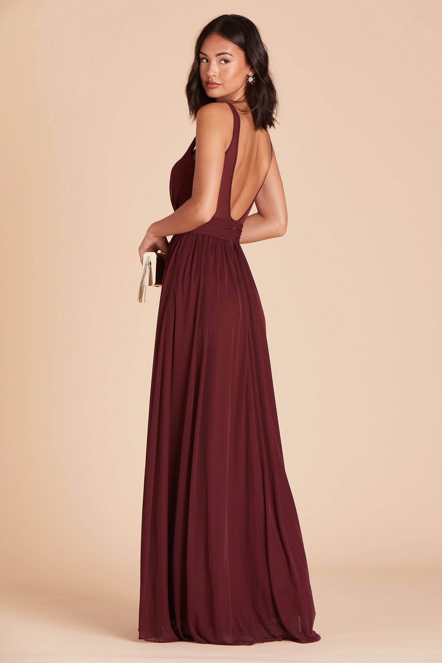 Jan bridesmaids dress in cabernet burgundy chiffon by Birdy Grey, side view