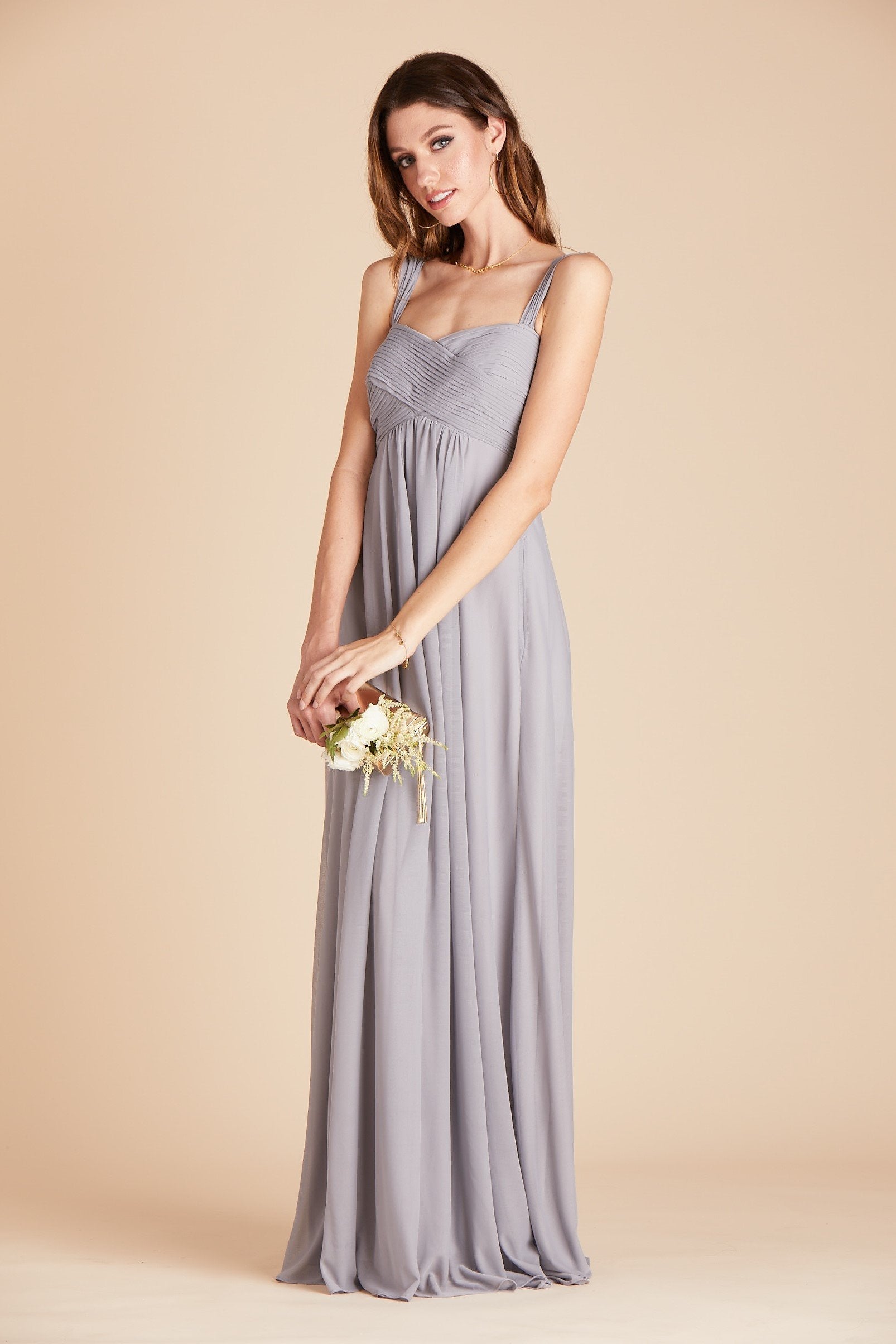 Maria convertible bridesmaids dress in silver mesh by Birdy Grey, front view