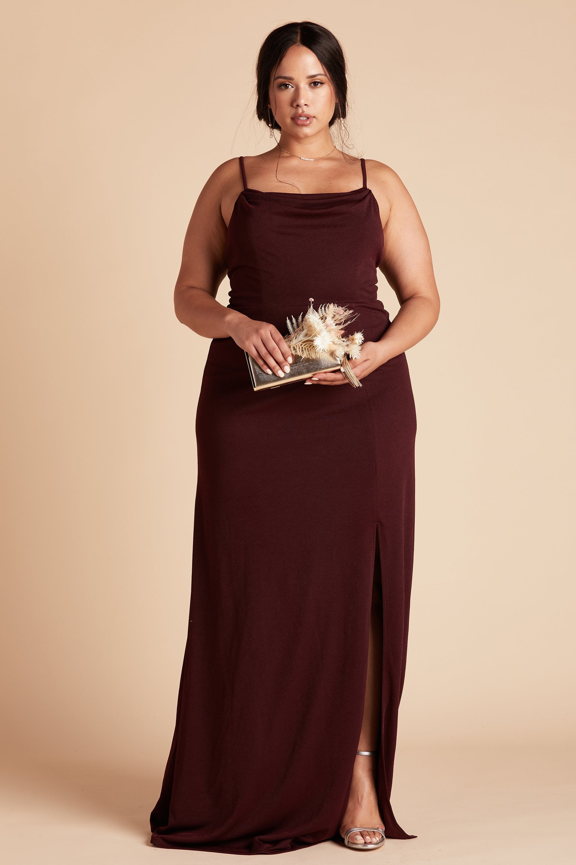 Ash plus size bridesmaid dress with slit in cabernet burgundy crepe by Birdy Grey, front view