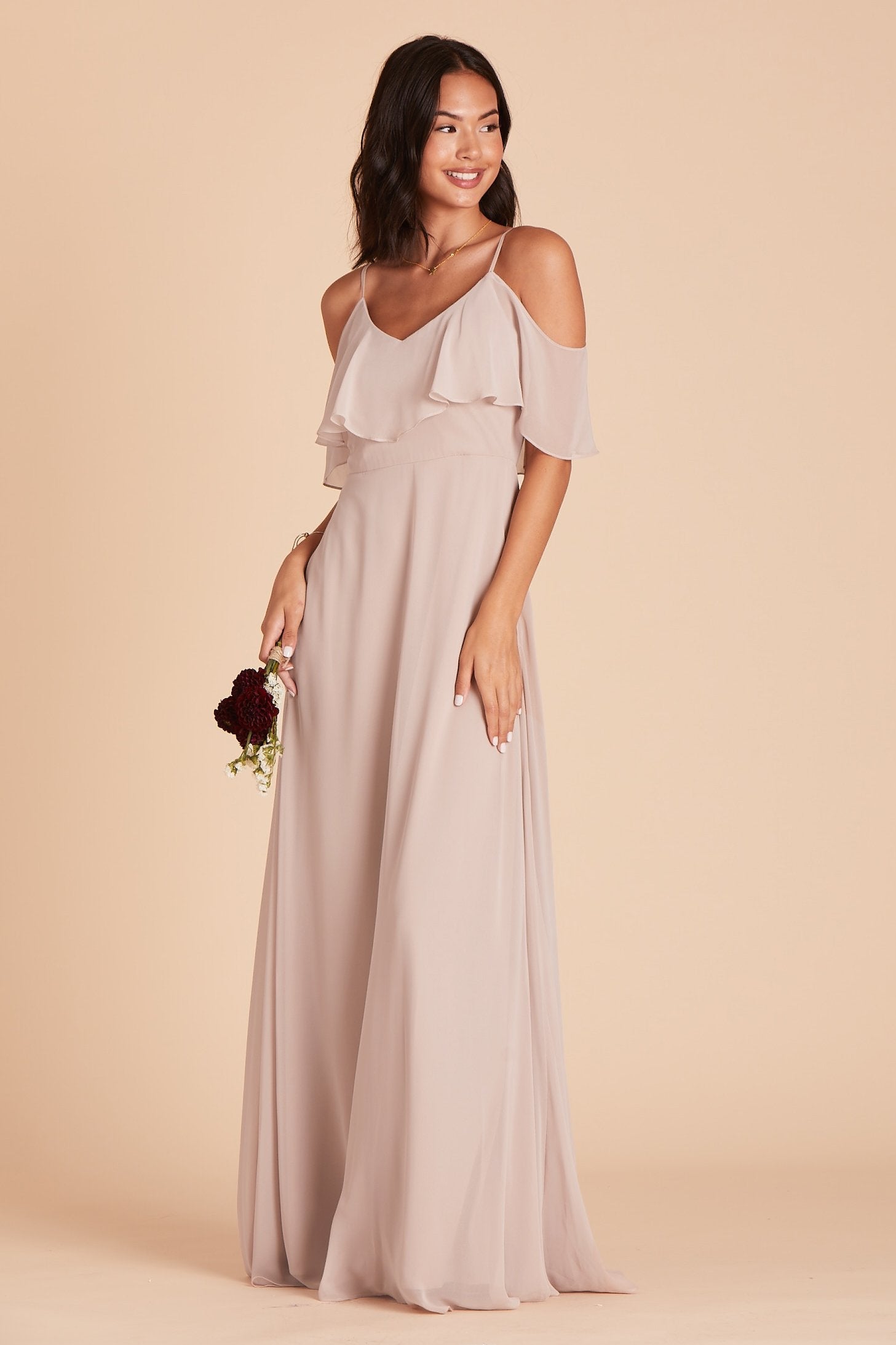 Jane convertible bridesmaid dress with slit in taupe chiffon by Birdy Grey, front view